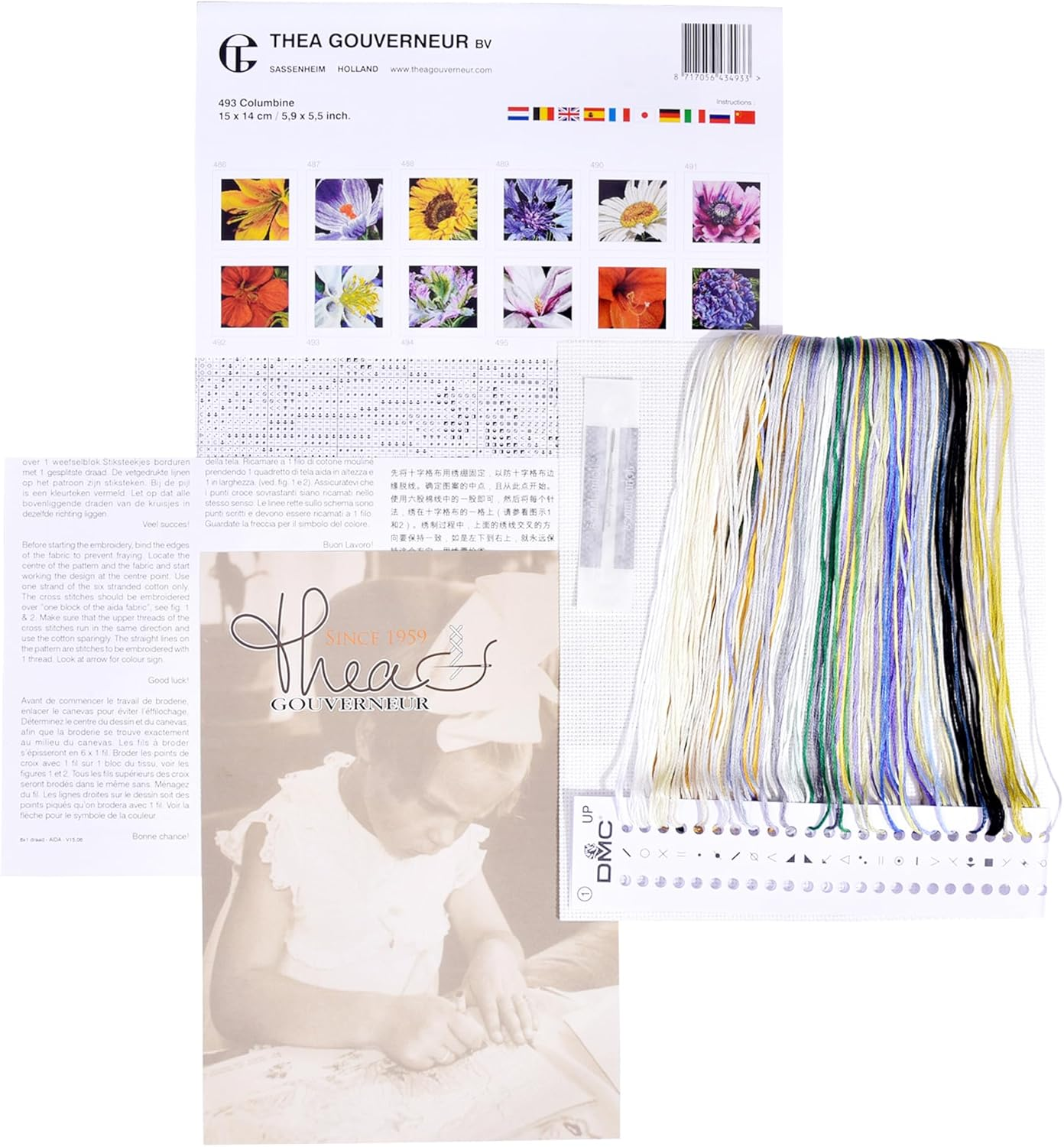 Thea Gouverneur - Counted Cross Stitch Kit - Columbine - Aida - 18 Count - Embroidery Kit for Adults - DMC Embroidery Threads and Other Cross Stitch Supplies Included - 493A image number 4