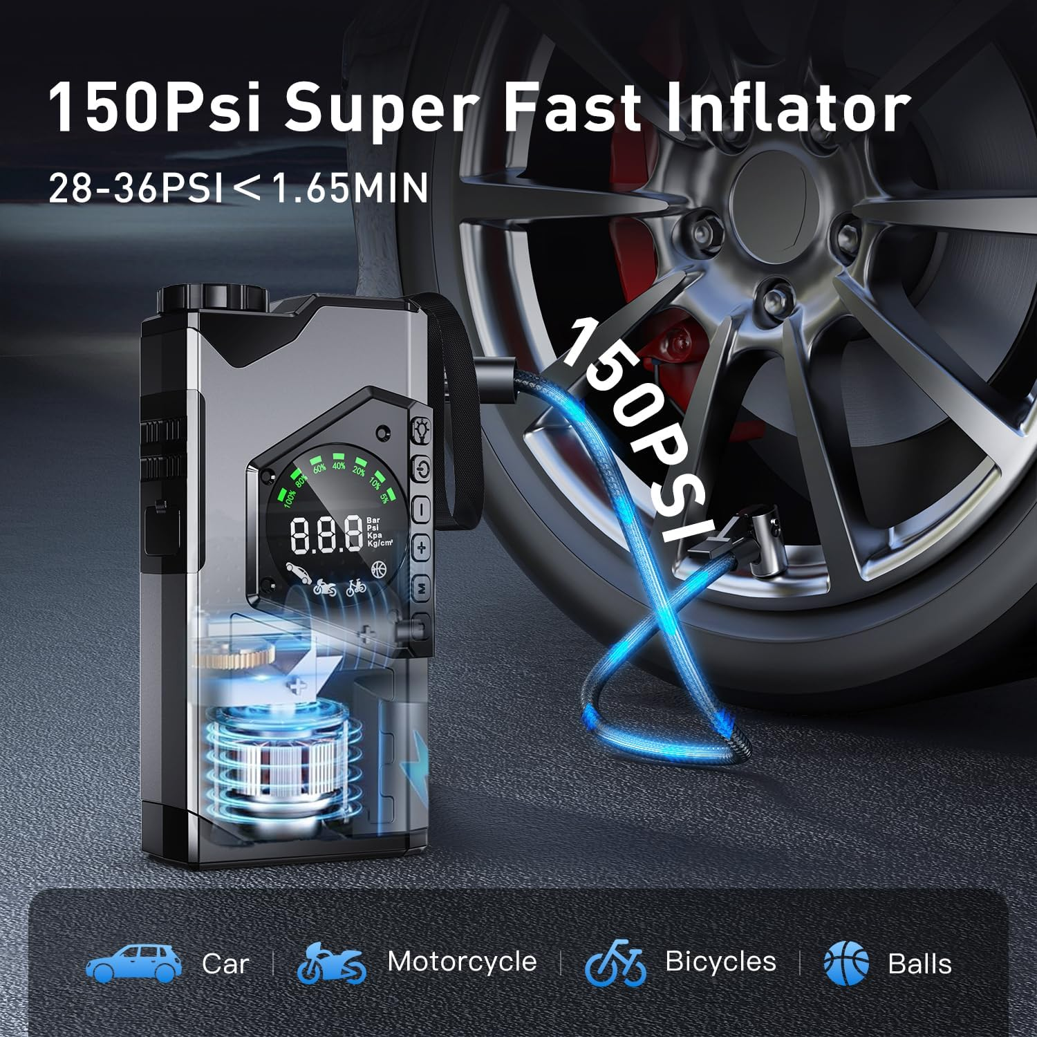 Portable Car Jump Starter with Air Compressor, 3000A Portable Jump Starter Pack with 150PSI Tire Inflator, 12Volt Jump Start Battery Pack with LCD Display/Flashlight (Up All Gas/8.5L Diesel) image number 1