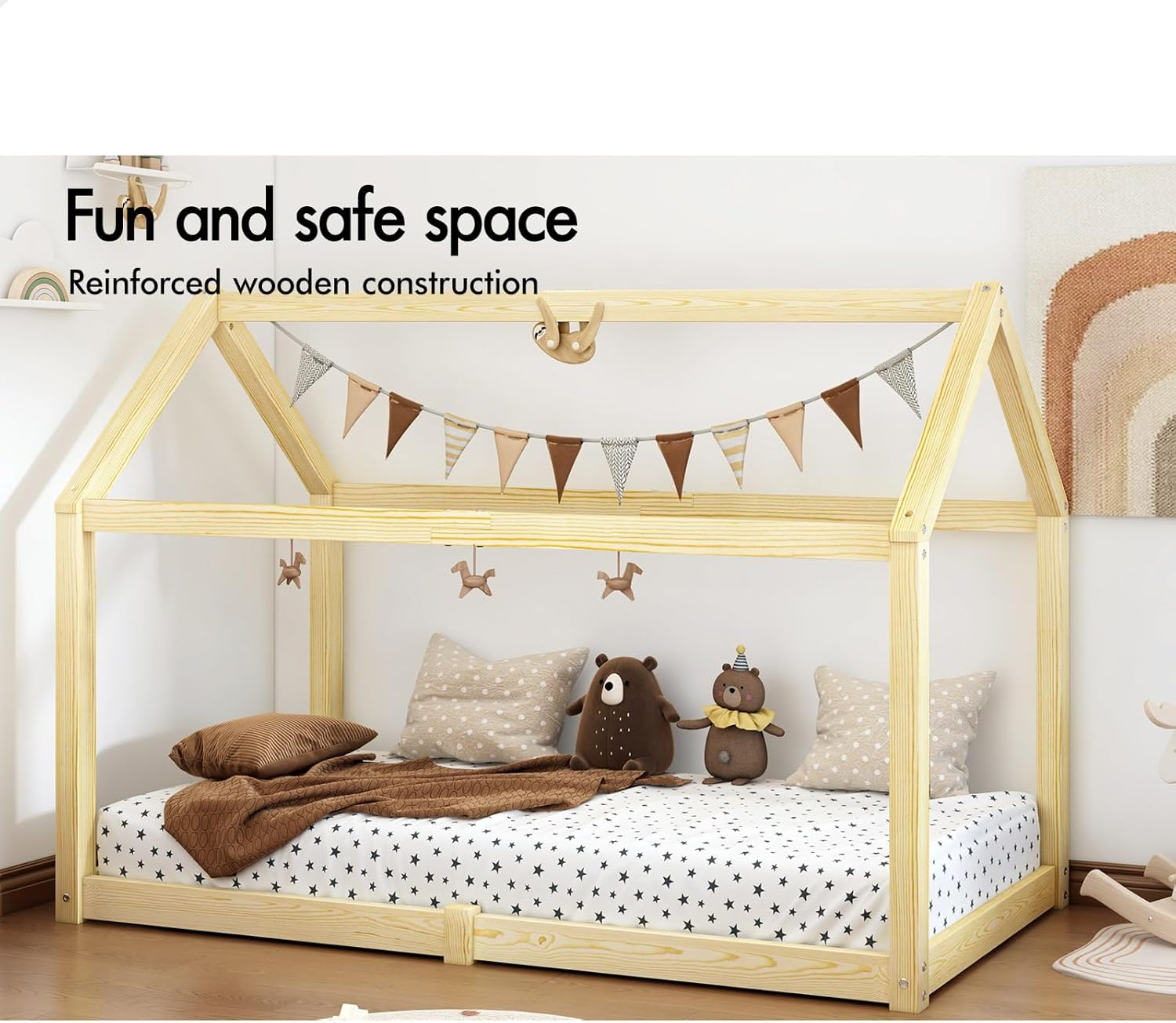 ALFORDSON Wooden Timber House Frame Single Mattress Base Platform, Kids Bed Frame W/O Guard Rail, Rocco Oak Bedroom Furniture, Solid Pine Wood Bed Base Foundation Children'S Beds image number 2