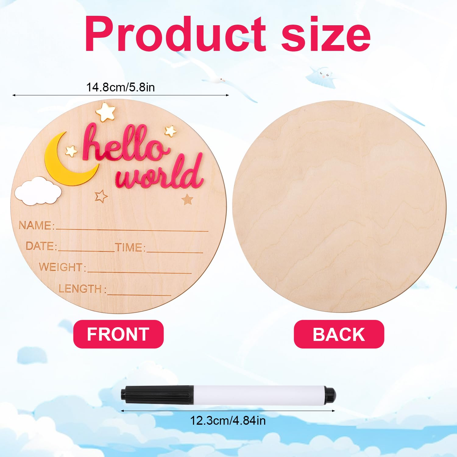 Wooden Hello World Newborn Sign, Cute Birth Announcement Board Baby Announcement Sign Newborn Welcome Sign Baby Name Plaque for Nursery Hospital Girl Boy Baby Shower Photo Props(Rose Red)