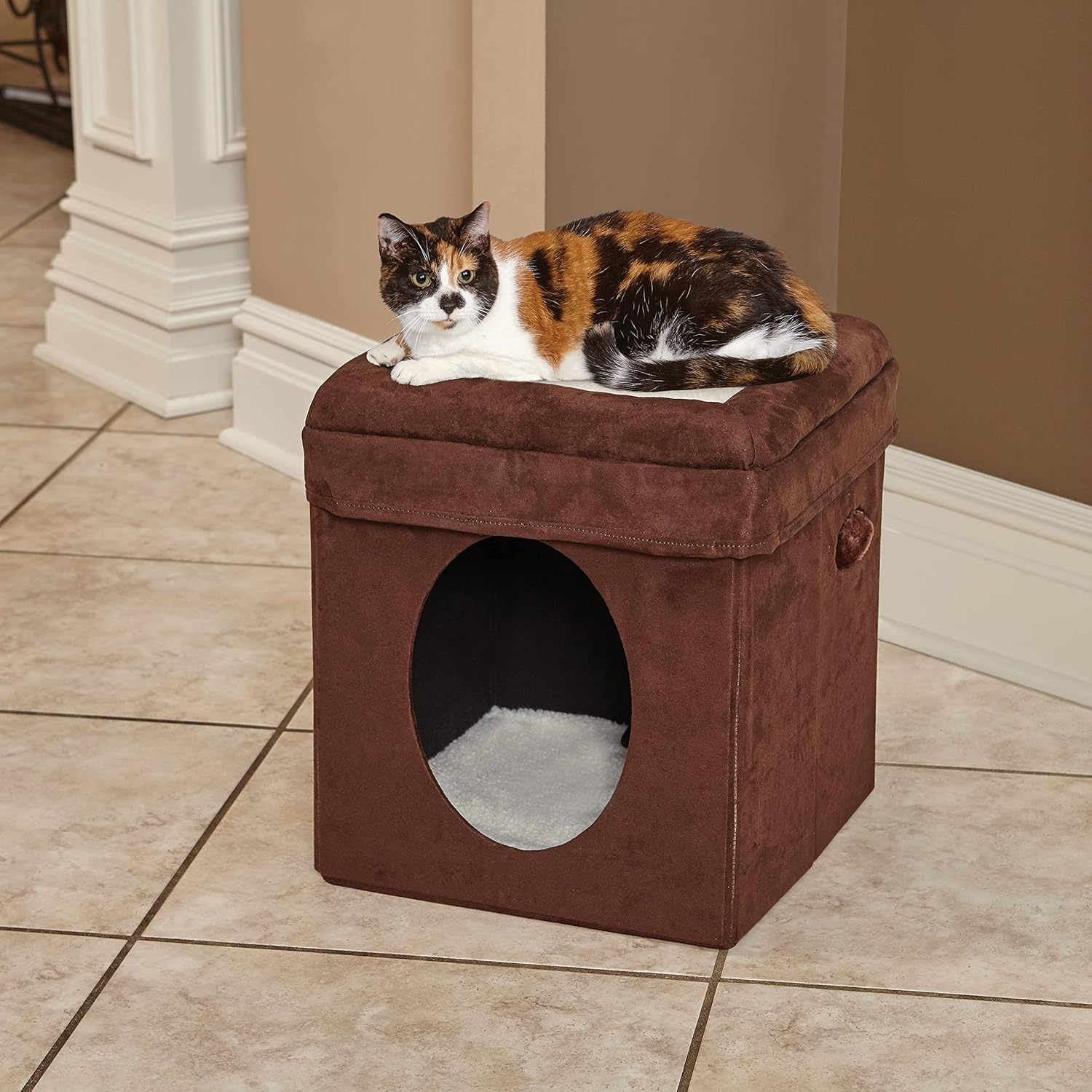 Midwest 137-BR the Original Curious Cat Cube, Cat House/Cat Condo in Brown Faux Suede & Synthetic Sheepskin image number 2