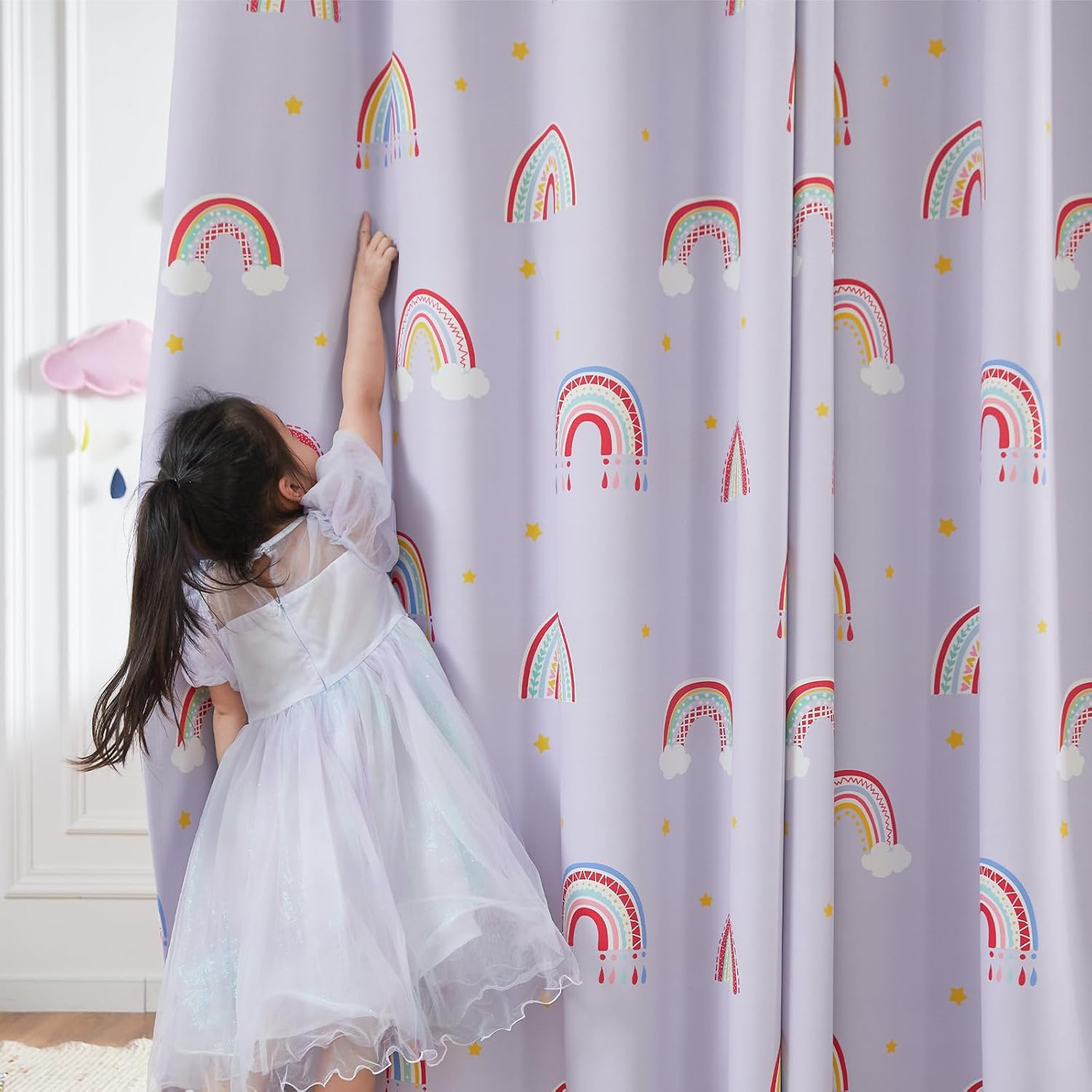 Vangao Boho Girls Blackout Curtains Purple for Kids Room 84 Inch Length, Rainbow Window Drapes for Living Room Nursery Thermal Grommet Insulated Room Darkening Curtains Bedroom, 2 Panels image number 4
