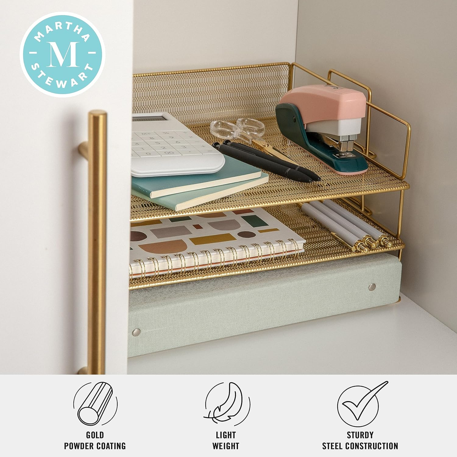 Martha Stewart Ryder 3 Tier Desk Letter Tray Organizer, Stackable Steel Mesh Inbox Tray for Files, Papers, or Letters, Gold image number 5