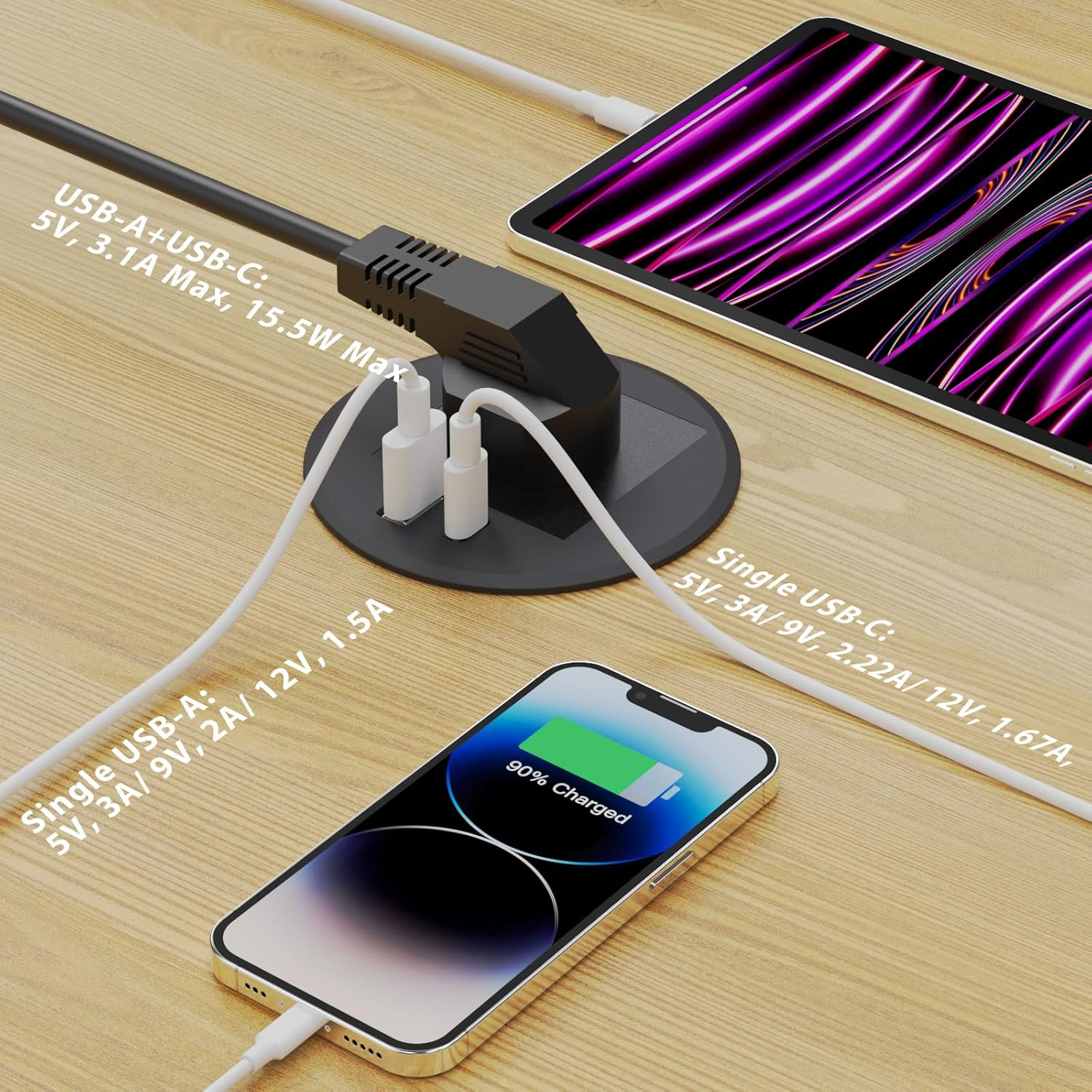 Desk Power Grommet, Haylink Recessed Power Board 80Mm Hole Grommet with AC Outlets, PD 20W USB A+C Ports, 2M Cable, Furniture Power Board for Home Office Workshop, Black image number 3