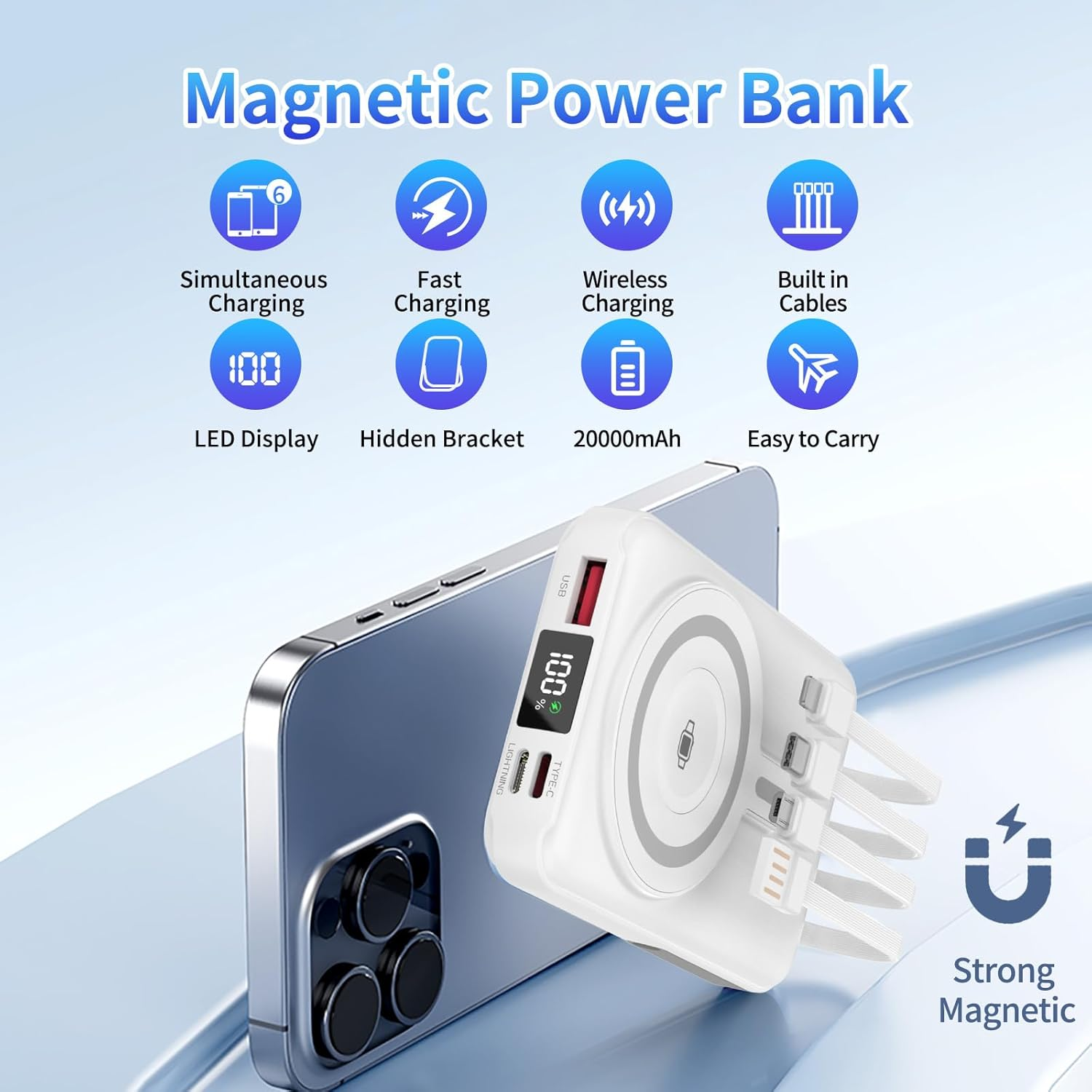 Power Bank 20000Mah, PD20W/22.5W Portable Charger, Magnetic Mobile Power Wireless Charger, Large Capacity Small Battery Pack Built in 4 Charging Cable, Powerbank for Iphone17/15/14/13 Series(White) image number 3