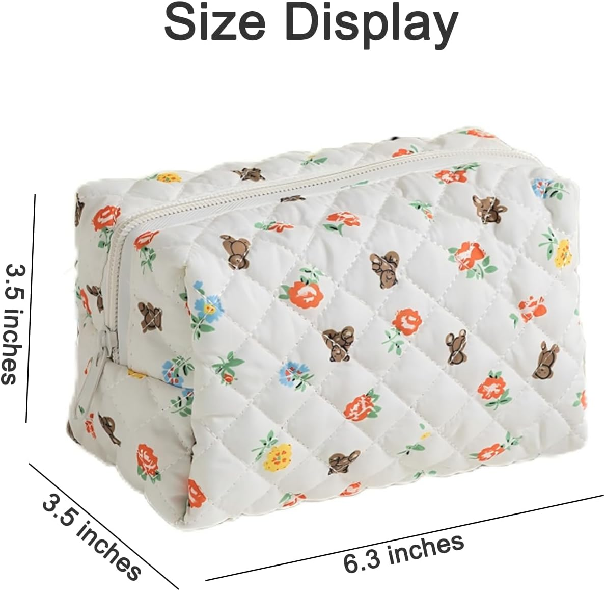 Quilted Makeup Bag, Cute Floral Cosmetic Bag for Women, Cotton Make up Bag, Flower Travel Toiletry Bag Organizer Floral-6 - Floral-1 image number 6