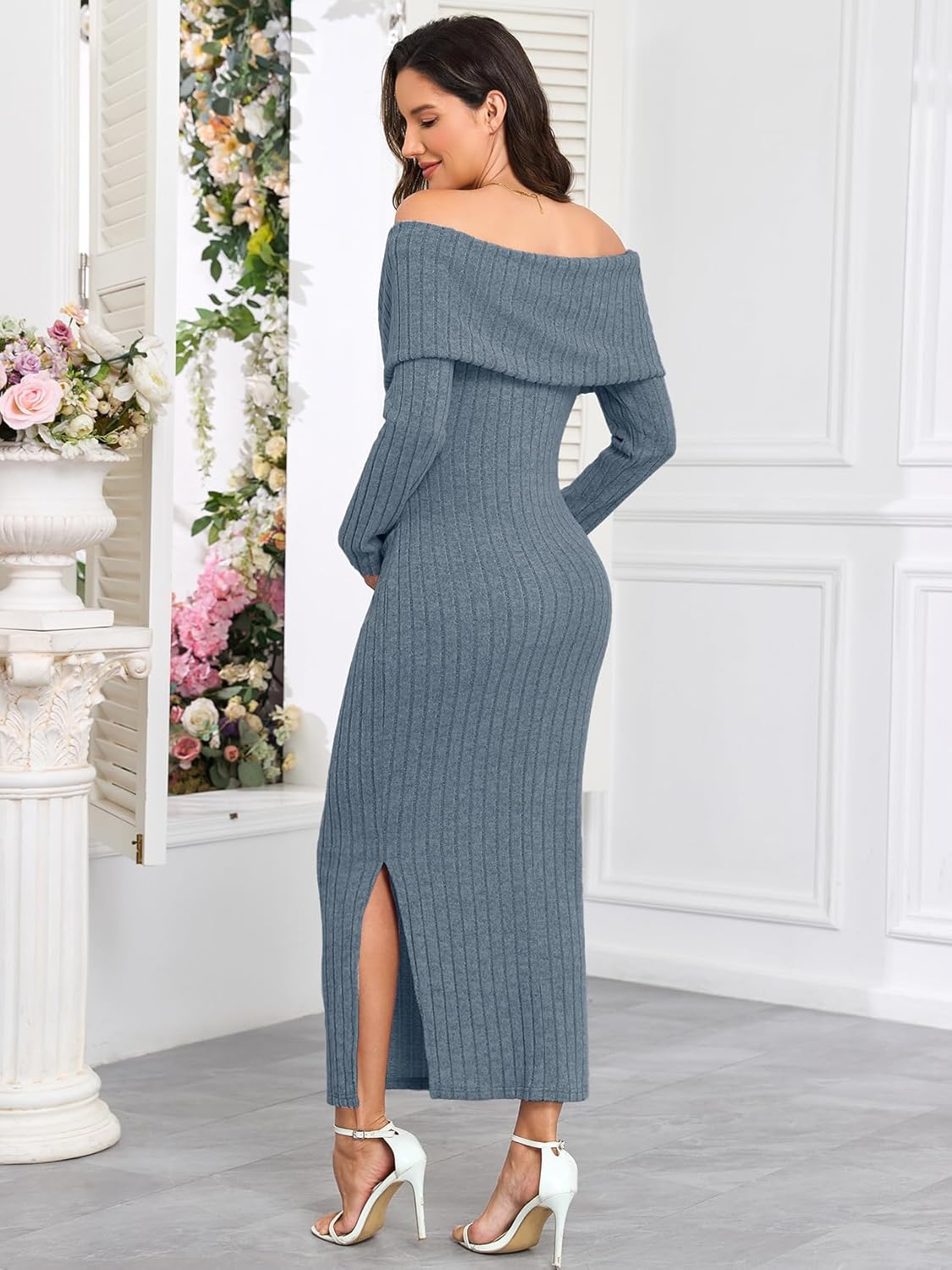 CYCLAMEN Off-Shoulder Maternity Sweater Dress Rib Knit Long Sleeve Dresses with Side Slit Pregnancy Clothes Baby Shower image number 6