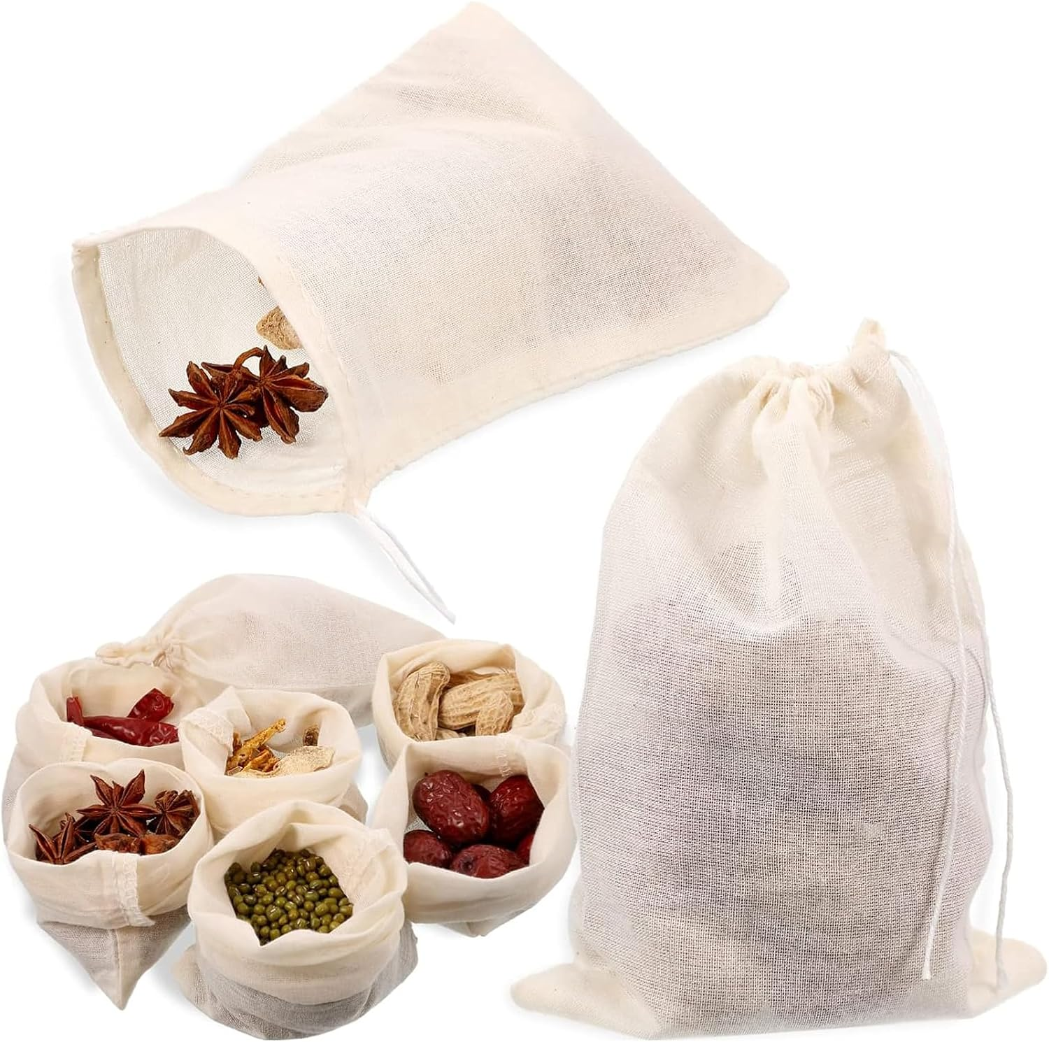 BUYLONG 20 Pcs Muslin Bag, 4X3In Mesh Bags, Cotton Muslin Drawstring Bags, Reusable Tea Bags, Cheesecloth Bags, Brew Bags, Barrier Bags, for Spices Storage, Loose Tea and Coffe, Cooking