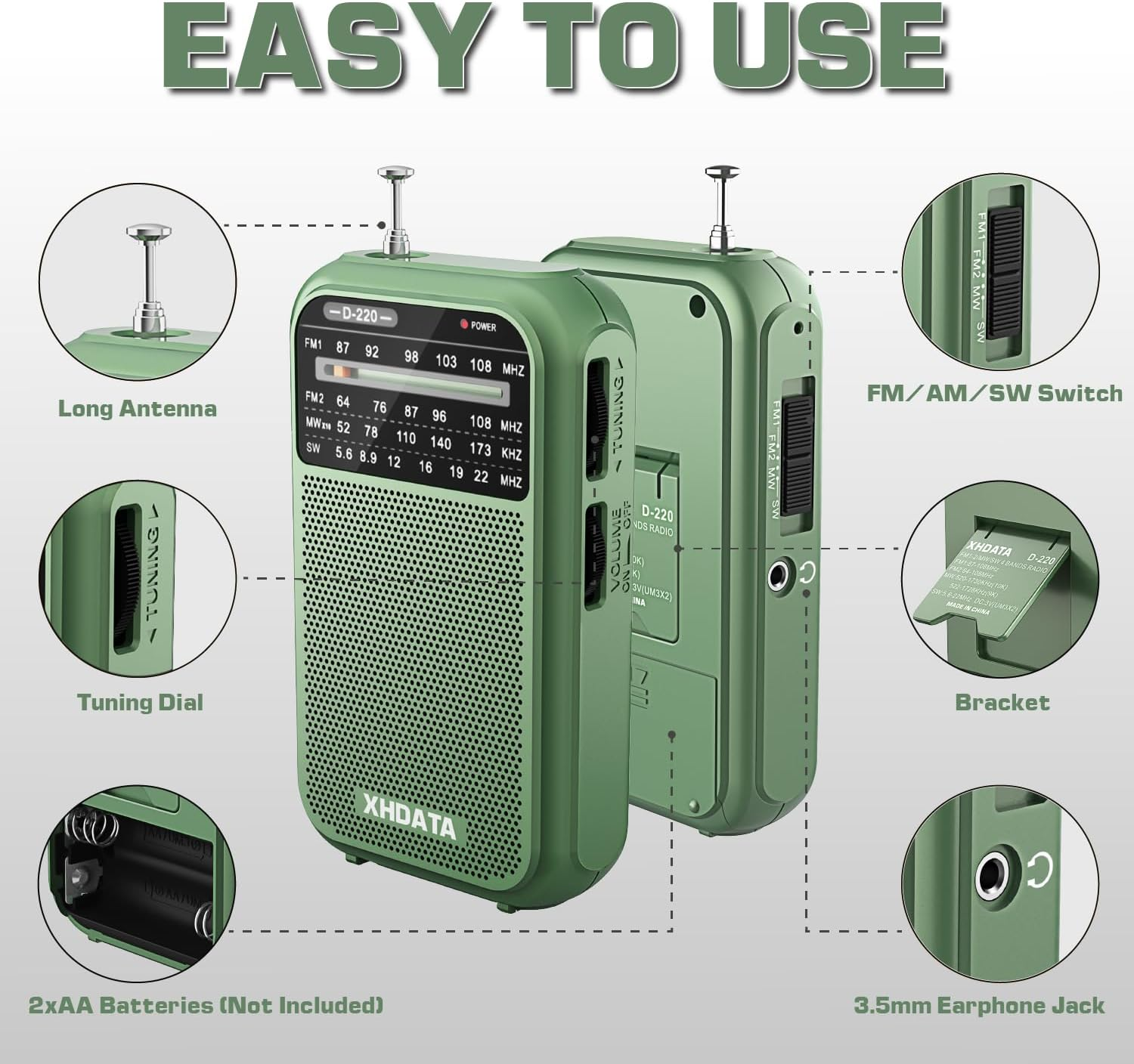XHDATA D-220 FM Radio for Home Portable MW Shortwave Receiver Battery Operated Small Pocket Speaker Excellent Reception Emergencies Green image number 5