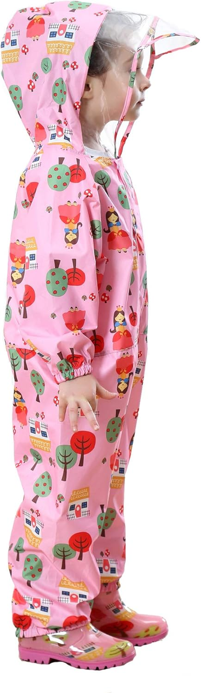 Raincoat Kids Hooded Rains Puddle Suit Poncho Rainwear Jumpsuit One Piece Lightweight Portable Waterproof Rainsuit Jacket Unisex Boy Girl with PVC Transparent Hat Brim Zipper Age 1-7 Years