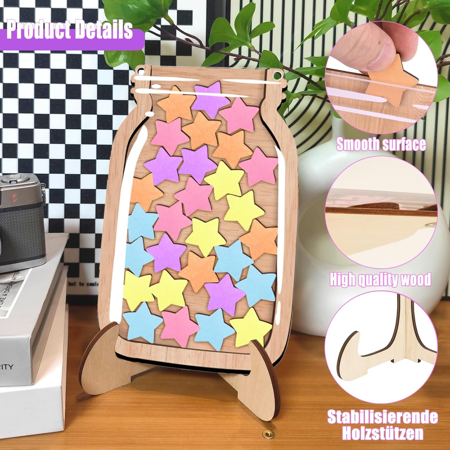 Reward Glass Magnetic Reward System Children'S Reward System Primary School Teacher Supplies Reward Glass with Wooden Holder and 20 Stars, 14.5 X 21 Cm Reward Glass Classroom for Good