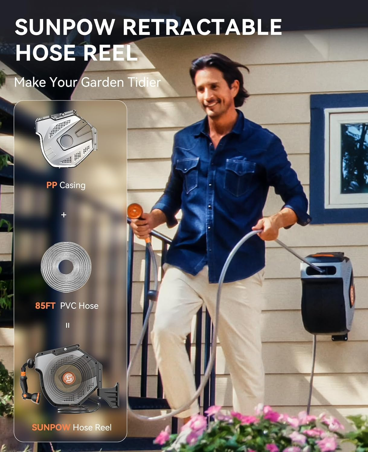 SUNPOW Retractable Garden Hose Reel - 25M Wall Mounted Hose Reel, 10 Function Sprayer Nozzle - Any Length Lock, Auto Rewind System, 180&deg;Swivel Bracket- Grey image number 1