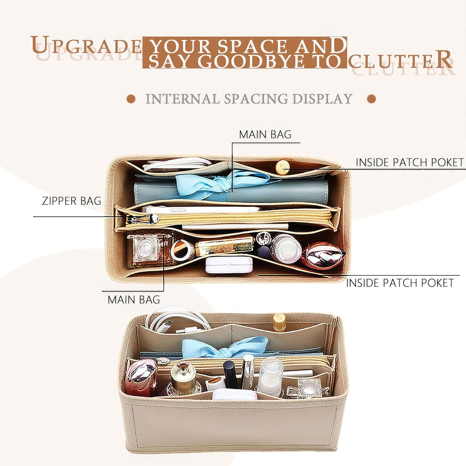 KOPPAL Purse Organizer Insert for Handbags, Felt Bag Organizer with Zipper, Large Capacity,Women, Handbags Shaper for Birkin(35,Orange) image number 2