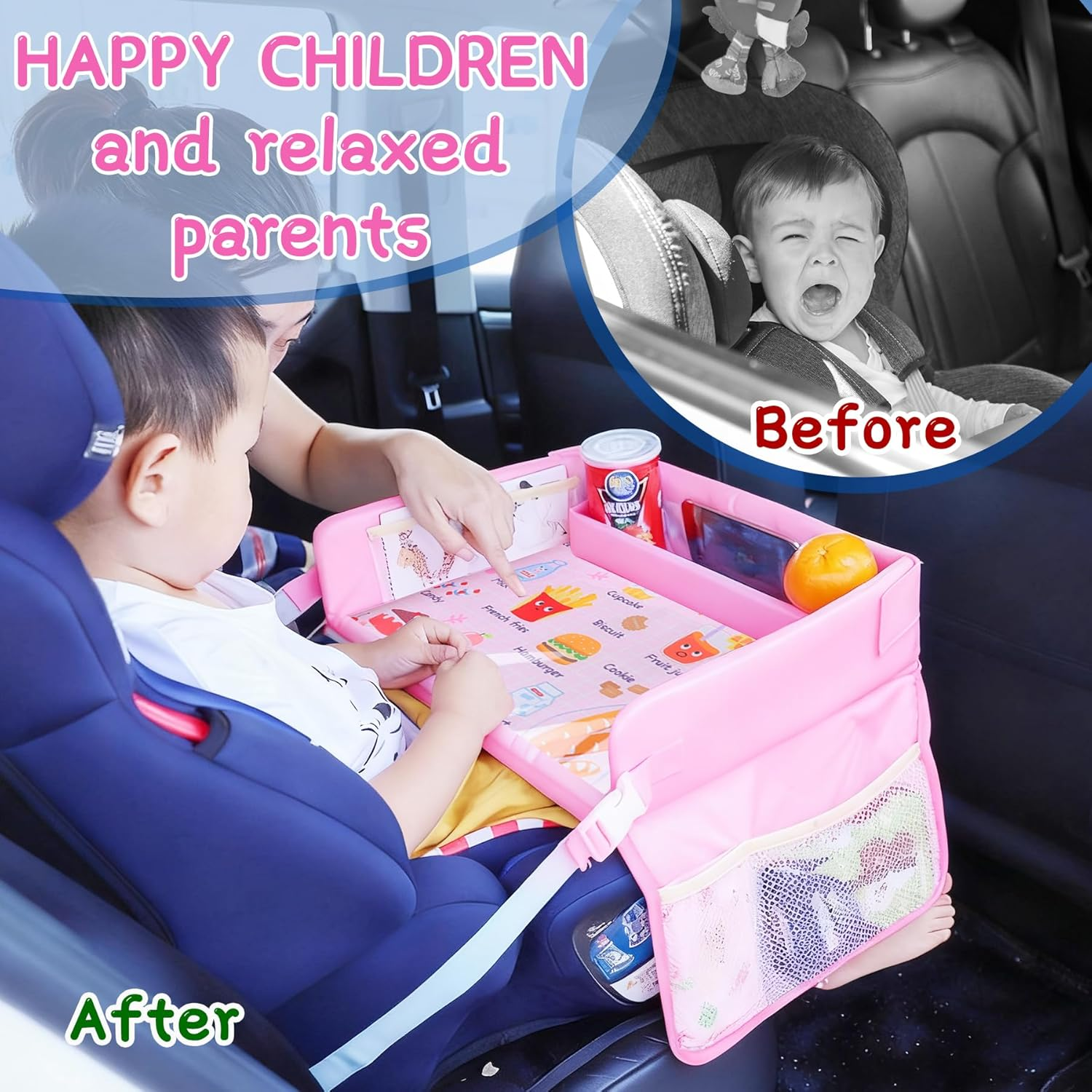 Kids Travel Tray for Car, Car Seat Tray for Kids Travel, Road Trip Essentials, Toddler Lap Desk Organizer, Soft Padding, Waterproof, Carseat Table for Roadtrip Activities (Pink) - Blue image number 5