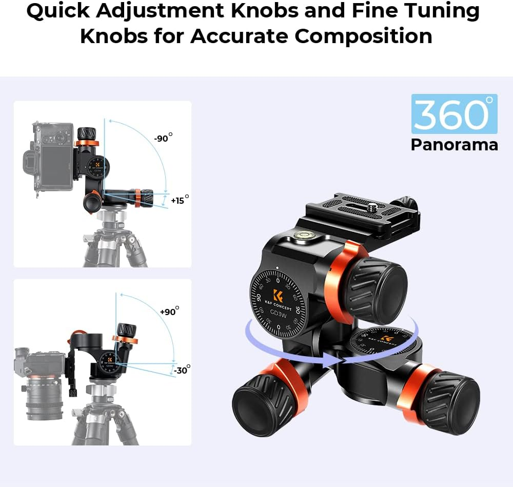 K&F Concept 3-Way Geared Tripod Head, Millimeter Micro-Adjustment, Full CNC Aluminum Alloy Tripod Head, Maximum Load Capacity of 6Kg for Star Shooting, Commercial Photography image number 1