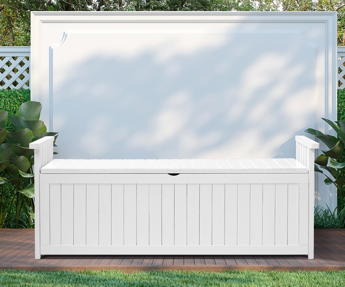 LI LIVSIP 200L Outdoor Storage Deck Box Bench, Waterproof & Lockable Large Storage Box Container Bench with Wheels & Handle for Cushion Pillow Toys Garden Tools, White image number 2