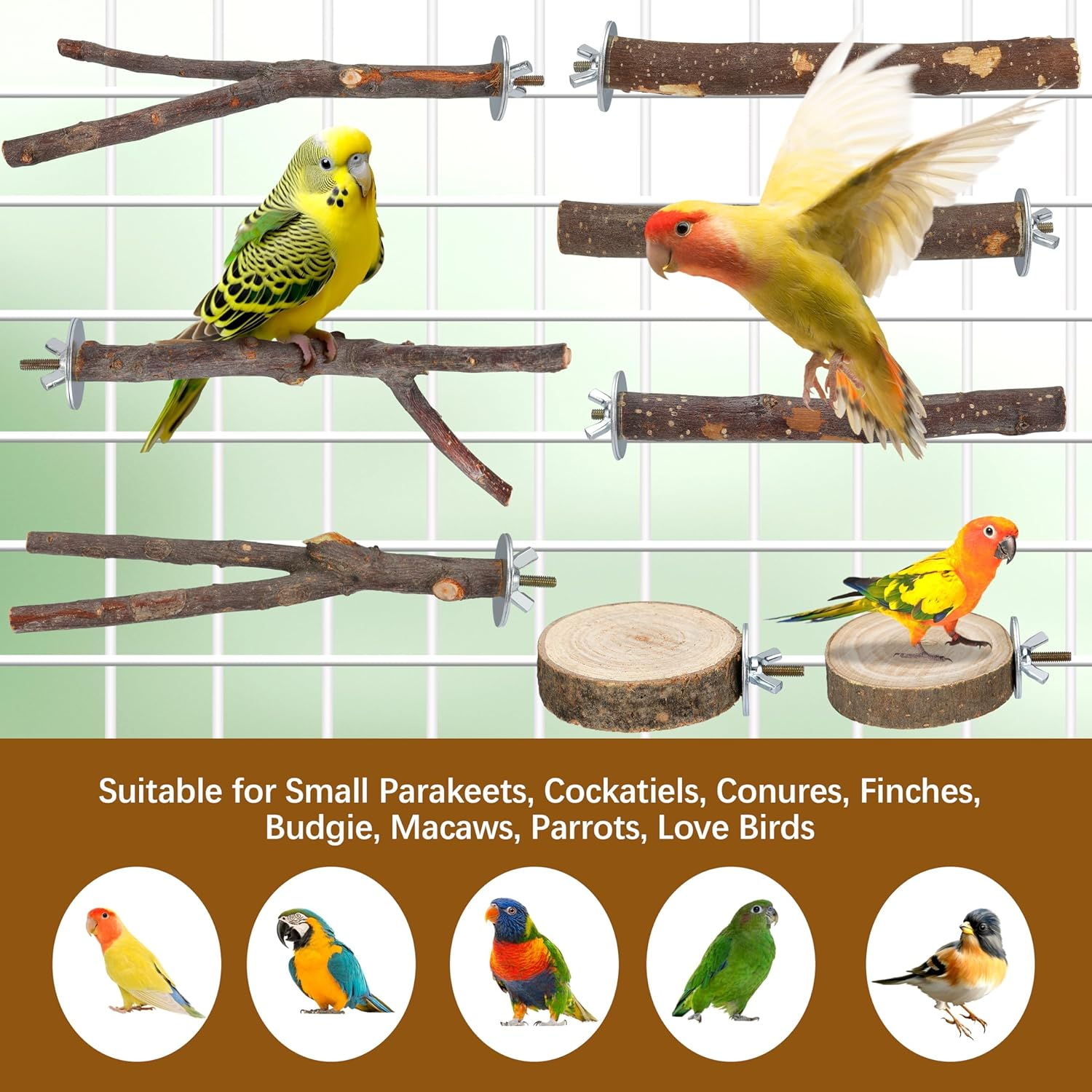 Bird Perches 9 Pack, Parakeet Toys Wooden Parrot Stand Branch, Bird Cage Accessories with Bird Feeding Cup, Bird Toys for Cockatiels Small Birds image number 1