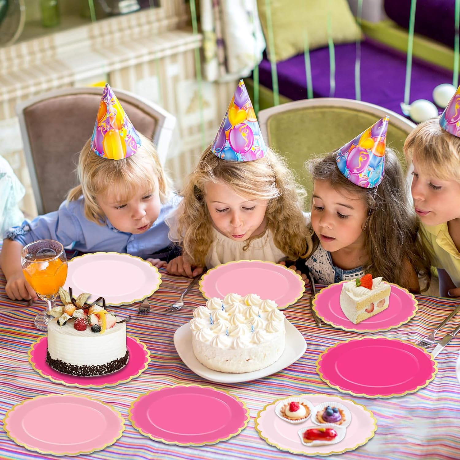 Wiooffen 48Pcs Pink Scalloped Paper Plates 9Inch Pink Gold Foil Border Plates Disposable Gradient Pink Tableware Set Hot Pink Dinner Dessert Plates for Wedding Bridal Baby Shower Birthday Supplies image number 5