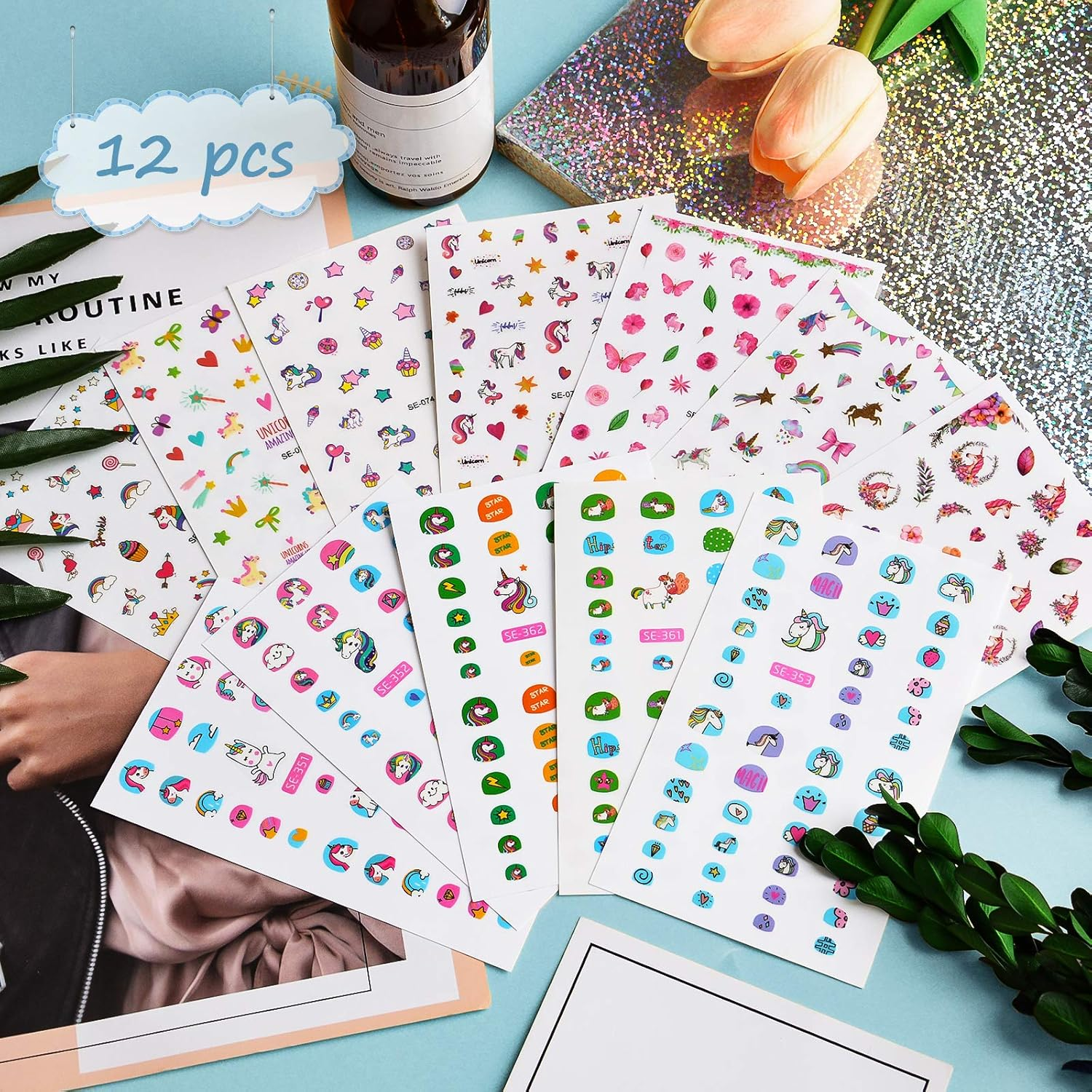 Unicorn 3D Nail Art Stickers Decals Self-Adhesive for Kids Little Girls, 270+ Cute Nail Tip Star Crown Princess Nail Manicure for Fingernails Toenails Birthday Party Supplies Gift Favors image number 1