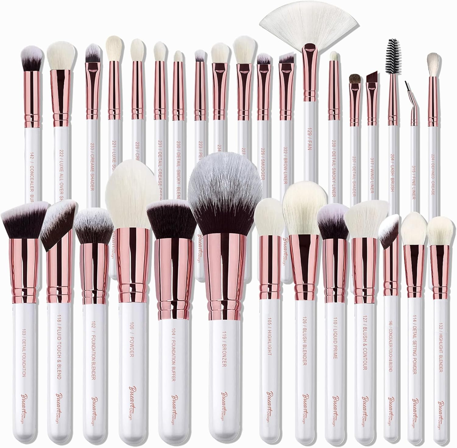 Bueart Design Makeup Brushes Set with Real Natural Goat Hair Professional Labeled Foundation Face Blending Blush Concealers Eyeshadow Brush Set (26Pcs Pearl Pink)
