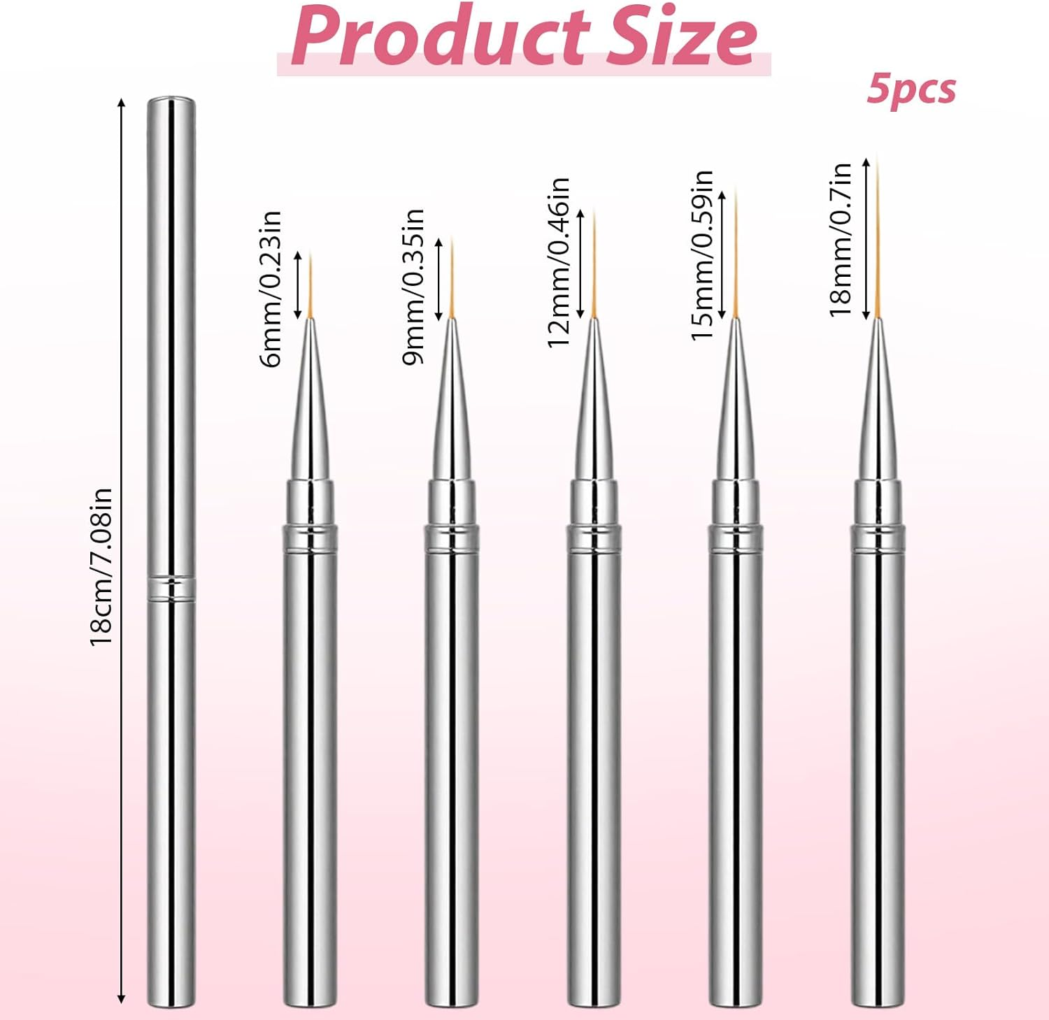 Metallic Nail Art Brushes, 5Pcs Liner Brushes for Nails Detail Brush Dotting Painting Tools Thin Nail Art Brush for Gel Polish Long Lines Thin Details Fine Drawing, Sizes 6/9/12/15/18Mm (Silver) image number 6