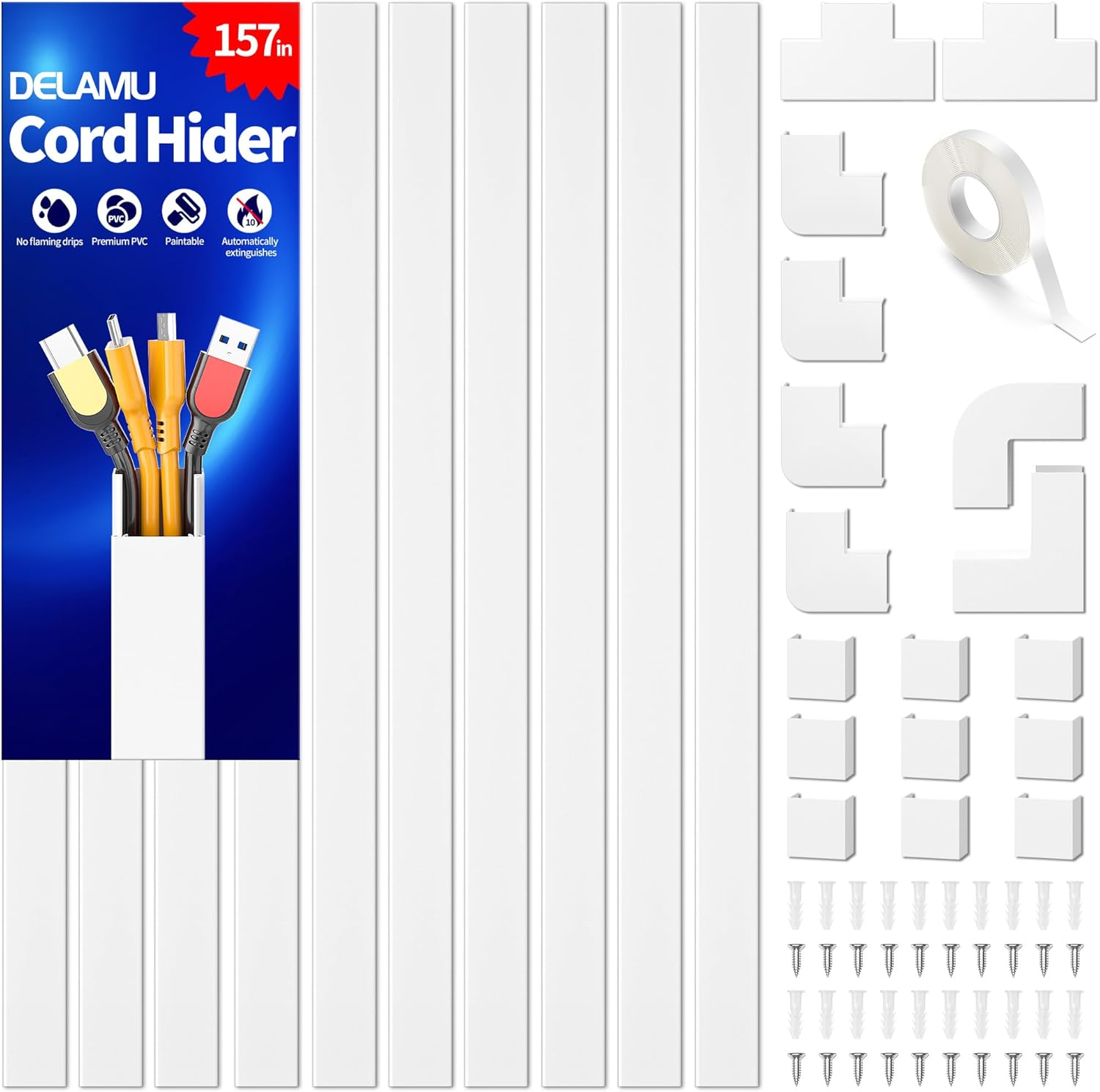 Delamu 157In Cord Hider, Cord Cover Wall Cable Management, Paintable Wire Cover for Cords, Cable Hider Raceway Kit, Cable Cover Concealer, Wire Hiders for TV on Wall, 10 X L15.7 W1.18 H0.6In, Black