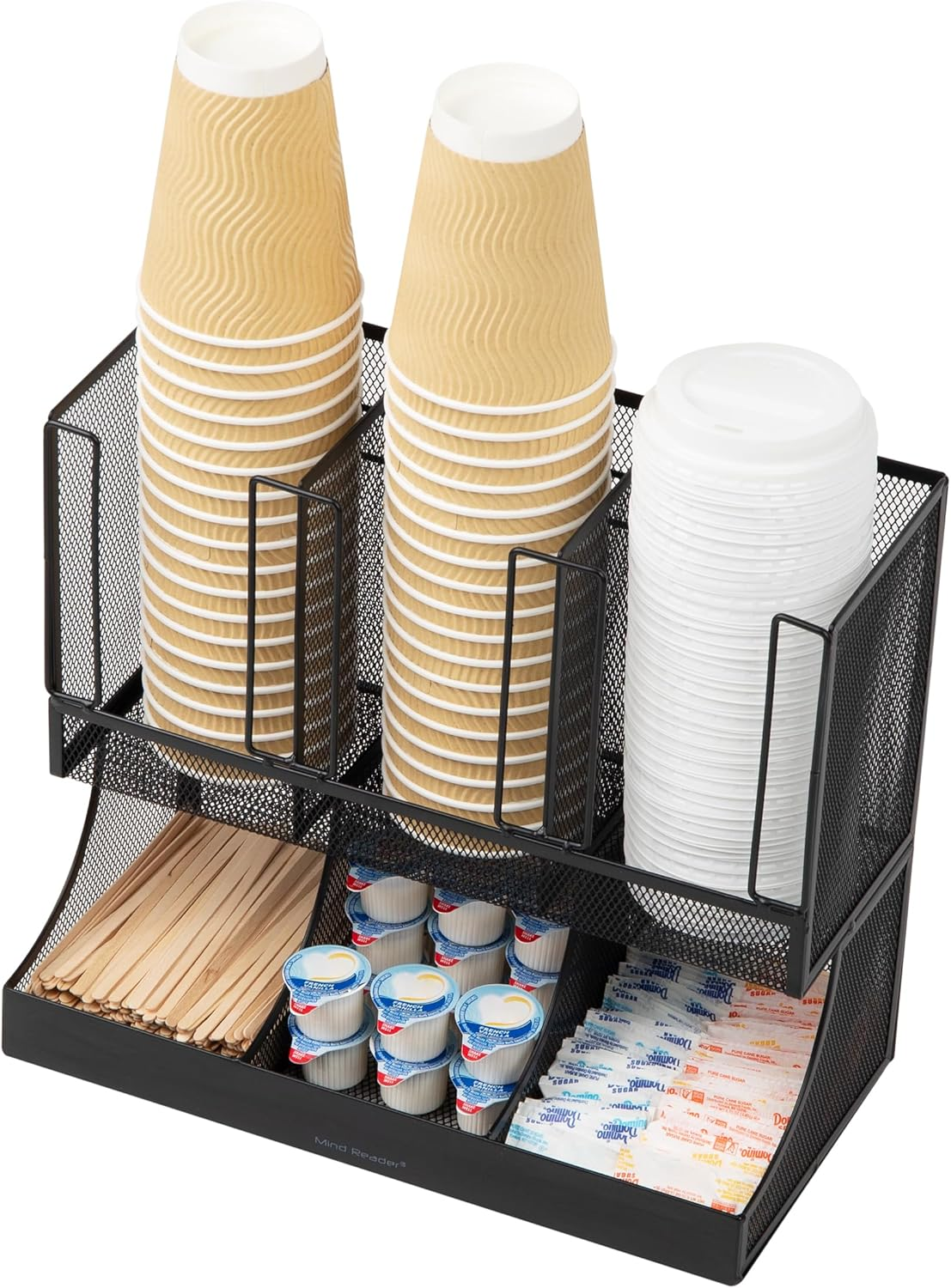 Mind Reader Cup and Condiment Station, Countertop Organizer, Coffee Bar, Kitchen, Metal Mesh, 13" L X 6.45" W X 11.25" H, Black image number 2