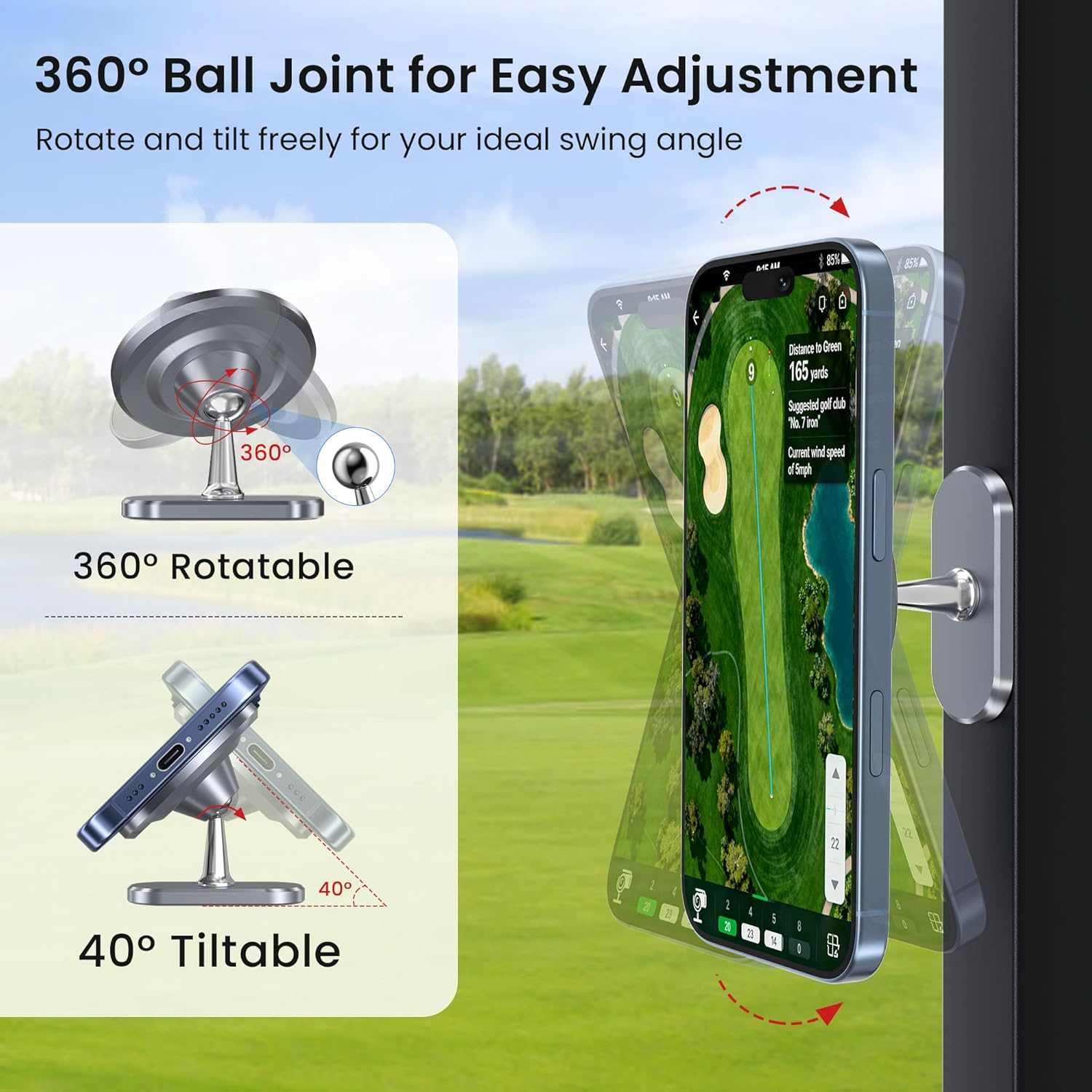 Itramax Magnetic Golf Cart Phone Holder,360&deg; Adjustable Dual Magnet Mount,Portable Alloy Golf Push Cart Cell Phone Stand for Magsafe Iphone 17 16 15 14 13 12&All Smartphones,Fits Ezgo,Club Car,Yamaha image number 3