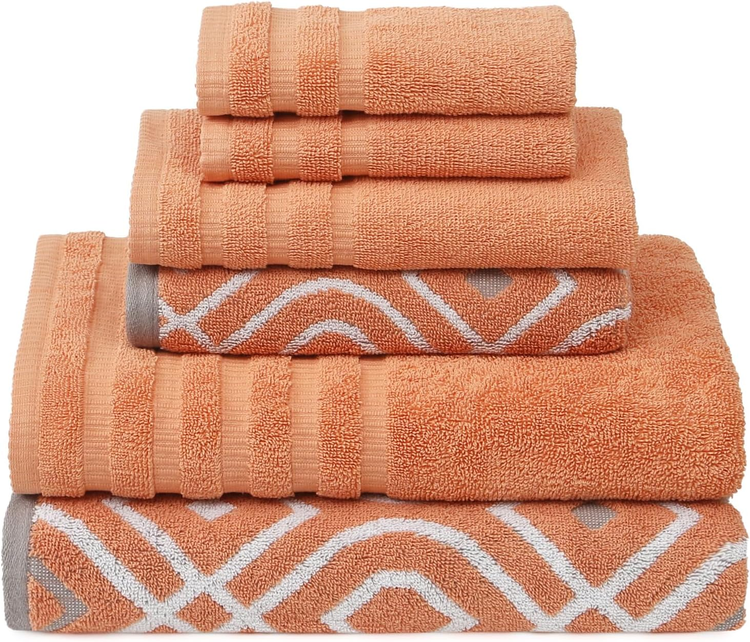 Amrapur Overseas 6-Piece Yarn Dyed Oxford Stripe Jacquard/Solid Ultra Soft 500GSM 100% Combed Cotton Towel Set [Coral]