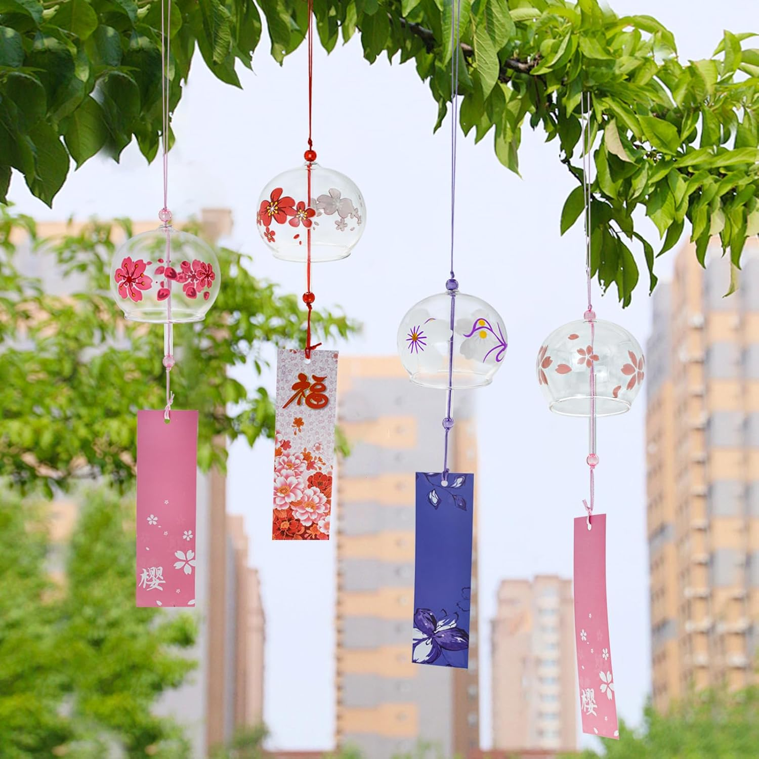 Mrmrkura 4 Pcs Japanese Wind Chimes, Glass Goldfish Wind Chimes with Label for outside Decorative Wind Bells Pendants for Indoor Garden Backyard Home Decor (Sakura) - Sakura image number 3