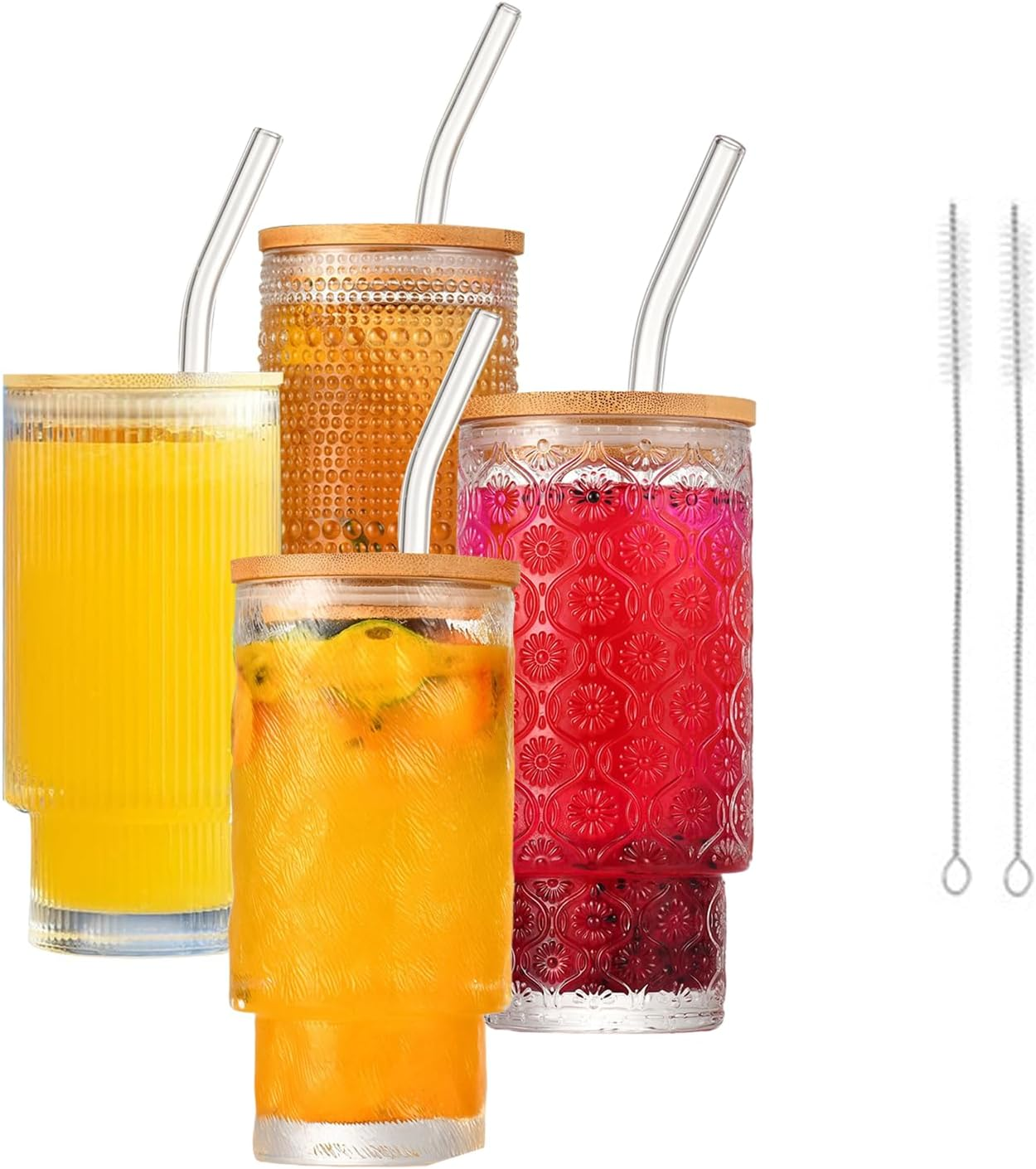 Vintage Drinking Glasses Set of 4, Overnight Oats Containers with Bamboo Lidset and Reusable Straw, 11Oz Iced Coffee Cup Mugs Glassware with Bottle Brush for Iced Americano Cereal Yogurt Milk Beverage image number 2