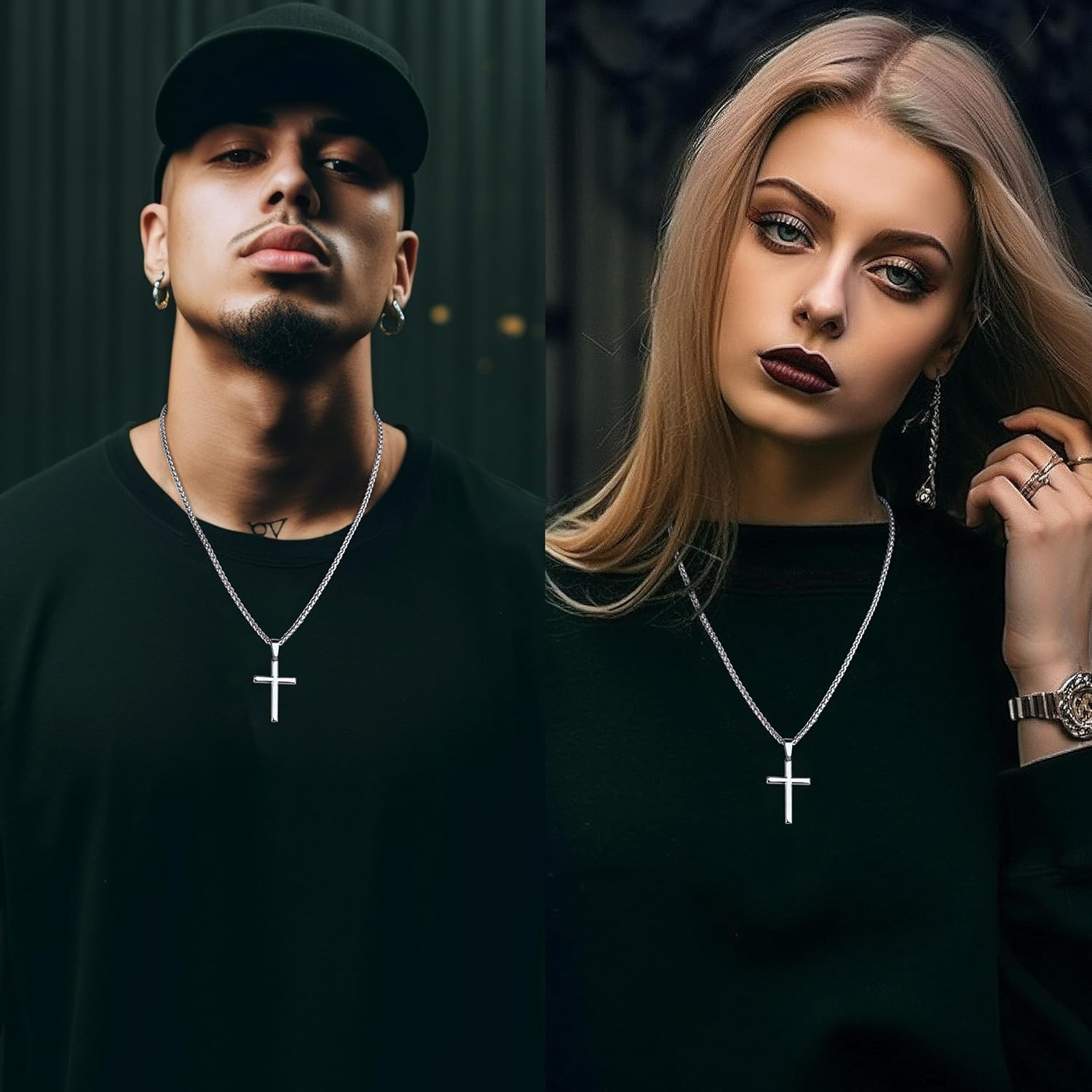 Kakonia 925 Sterling Silver Cross Necklace for Men Women 3Mm Stainless Steel Wheat Cross Chain Crucifix Pendant Silver Cross Chain Necklace Jewelry 16-30 Inches