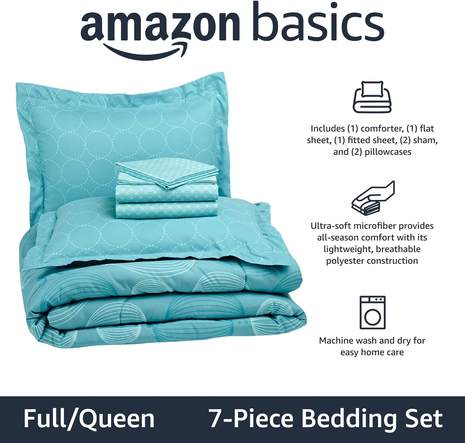 Amazon Basics Lightweight Microfiber Bed-In-A-Bag Comforter 7-Piece Bedding Set, Full/Queen, Industrial Teal, Geometric image number 5