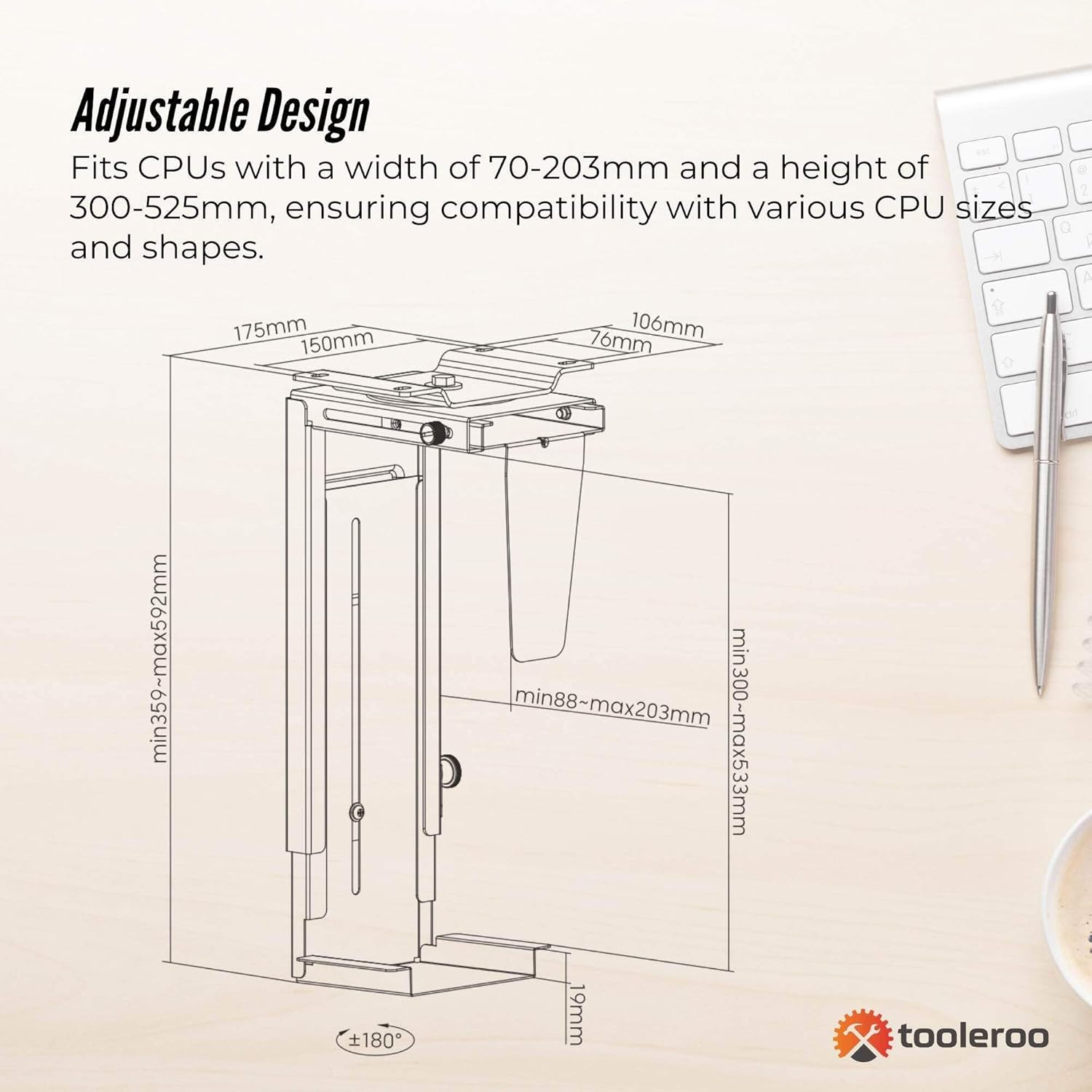 Tooleroo under Desk CPU Holder PC Mount - Adjustable 360 Degree Rotation Rack image number 6