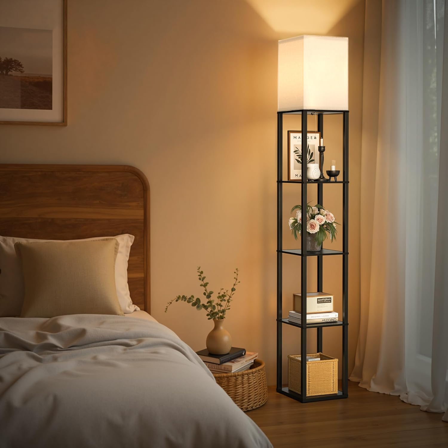 Floor Lamp with Shelves, Modern Square Shelf Lamp with 3 Color Temperature Bulb, Corner Storage Display Bookshelf Standing Floor Lamp for Living Room Bedroom Office-4 Layer image number 3