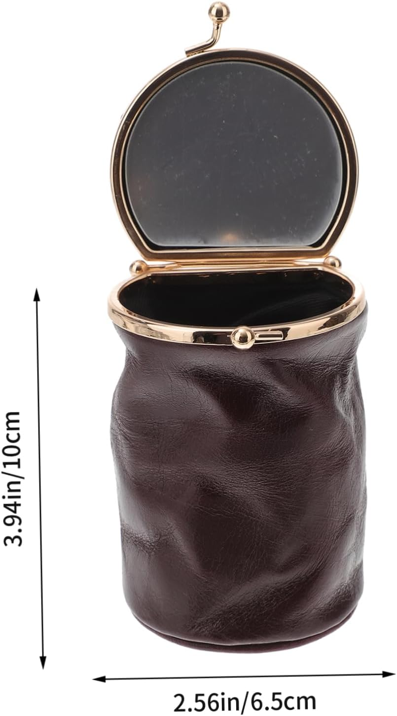 HAKIDZEL 1Pc Mini Retro Leather Makeup Bag with Mirror Portable Fashion Cosmetic Organizer for Daily Use Fits Pockets and Purses Cute Design for Easy Carrying image number 3