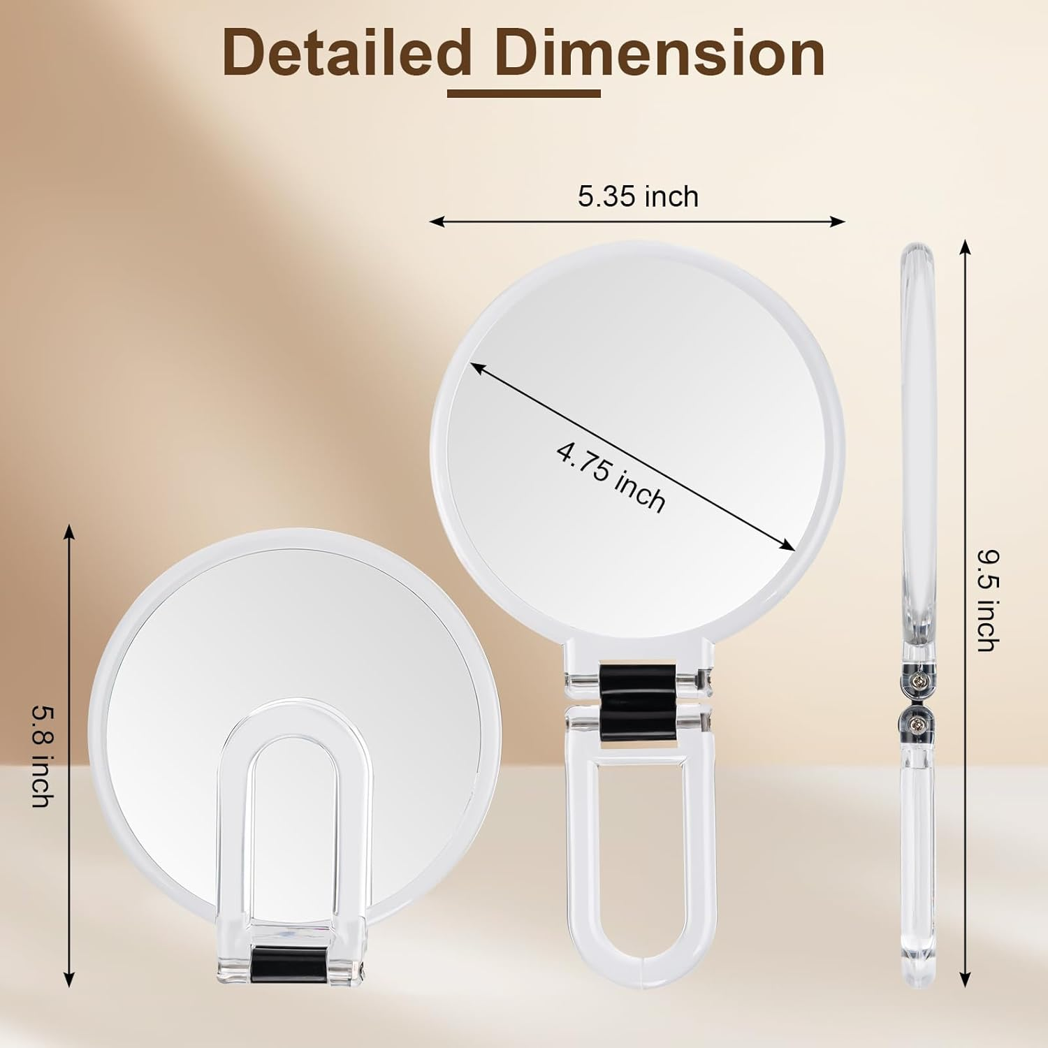 BOOMIBOO 1X/10X Magnifying Handheld Mirror Double Sided, Foldable Travel Makeup Mirror, Adjustable Rotation Pedestal Hand/Hanging/Desk Vanity Mirror-Clear - Clear image number 3