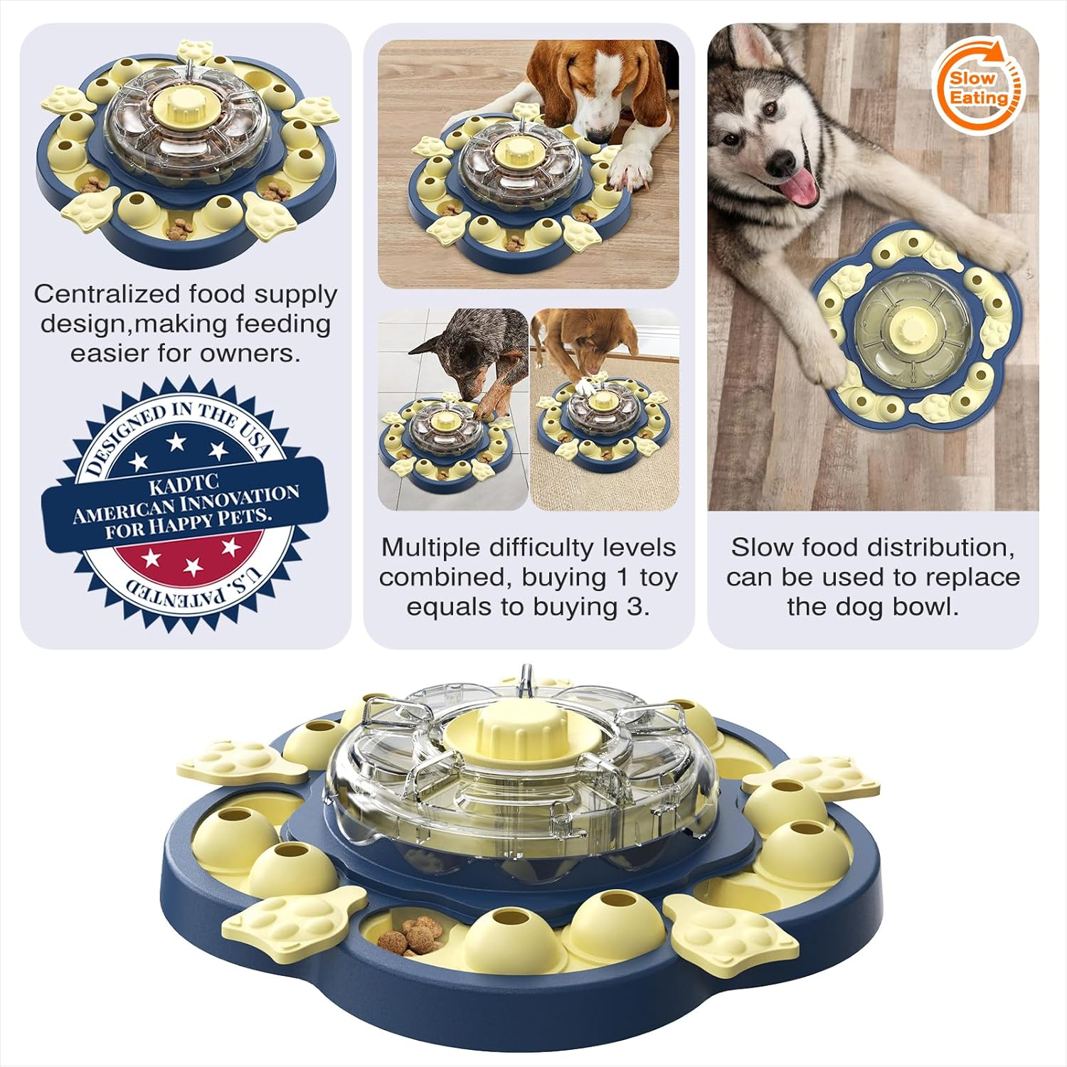 KADTC U.S. Brand & Design All in ONE -3 Levels of Challenge Spinning Dog Puzzle Toy for Small/Medium/Large Dogs Treat Dispenser Food Dispensing Toys Puppy Slow Puzzles Feeder Interactive Brain Game image number 5