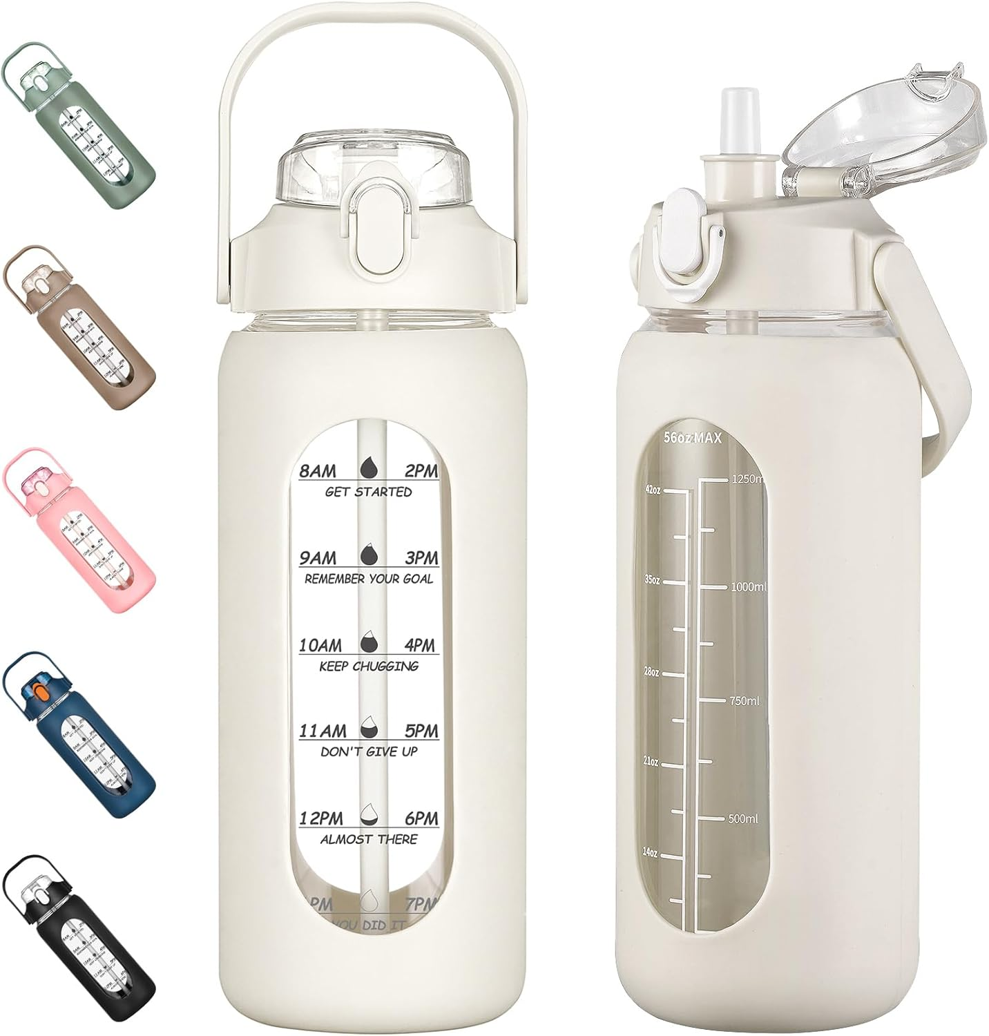 Kytffu 64Oz Glass Water Bottles with Straw, Half Gallon Motivational Glass Bottle with Silicone Sleeve and Time Marker, 2L Leakproof Large Glass Water Jug for Gym Home Office,Blue - 84 Ounces, White