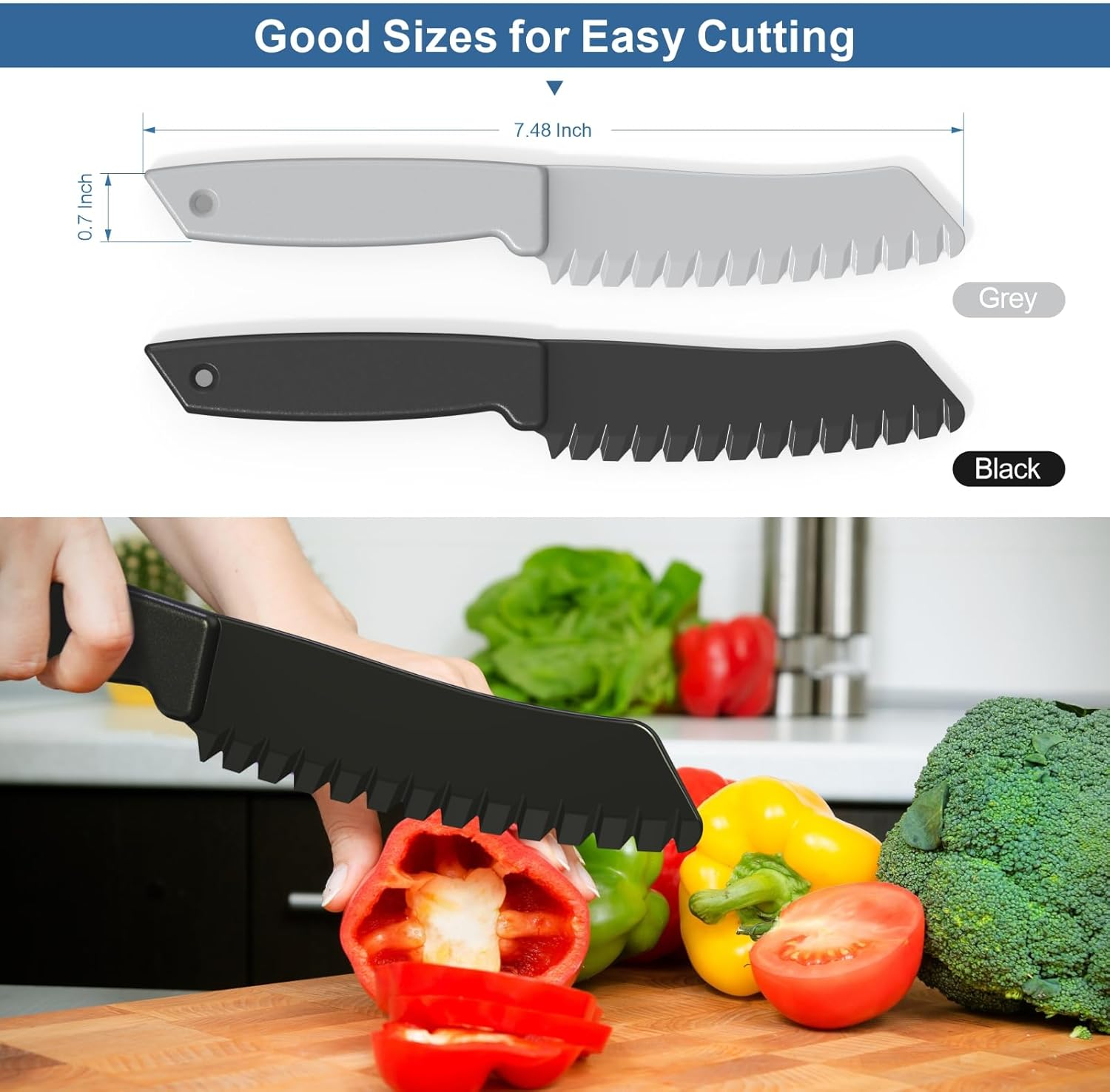 2 Pcs Plastic Knife for Nonstick Pans Lettuce Knife with Serrated Blade Plastic Knife Set for Cutting Fruits, Veggies and Bread, Black and Grey image number 6