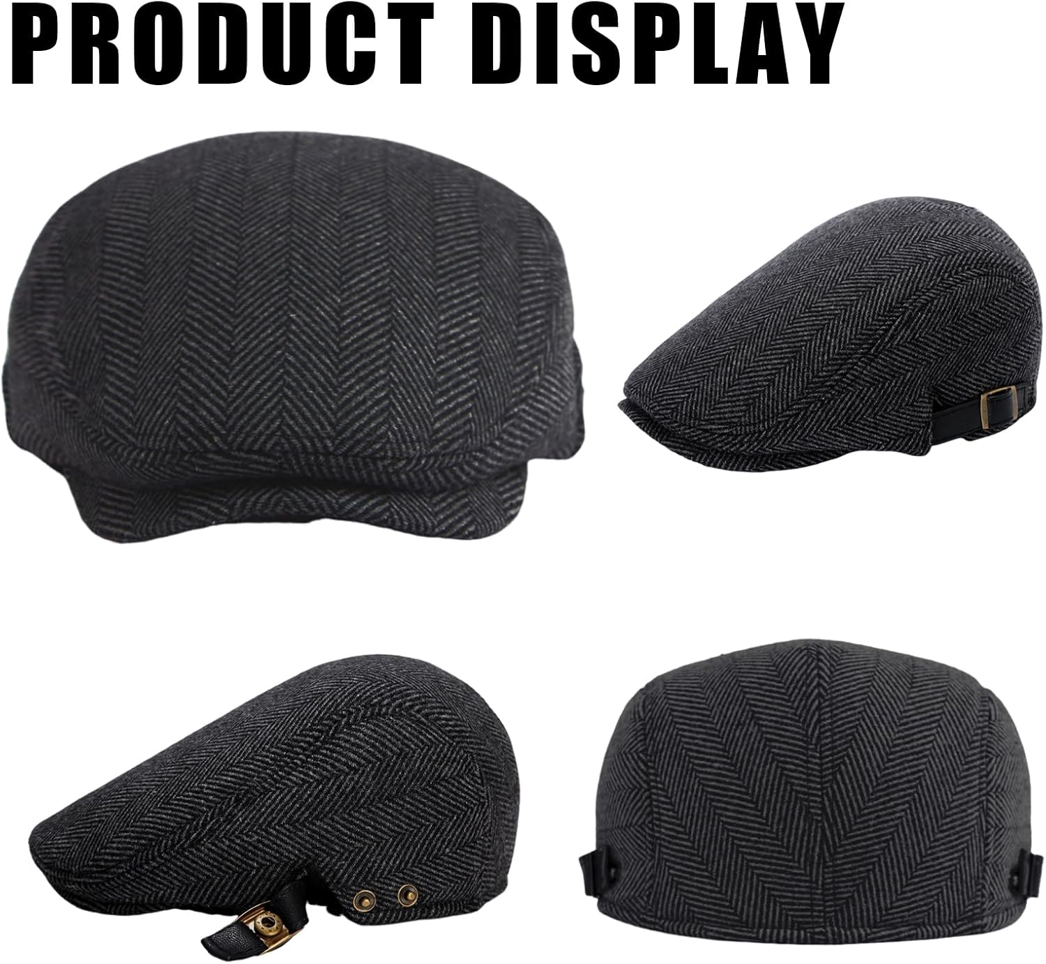 Junha Newsboy Cap,Beret Cap,Men'S Flat Cap,Classic Wool Blend Herringbone Flat Cap Driver Hat Adjustable Outdoor Winter Warm Cap for Men Women Boys Grey image number 3