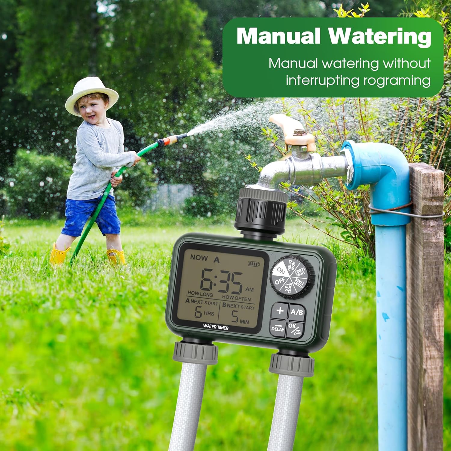 Advwin Water Timer, Smart Sprinkler Timer 2 Outlets, Rain Delay/Manual/Automatic Watering Modes, Digital Irrigation Controller for Garden Hose Faucet Yard Lawn image number 6