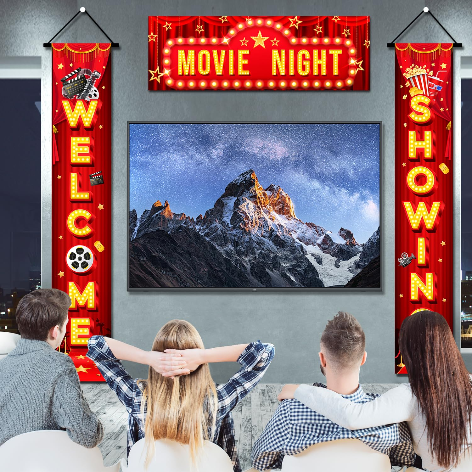 Movie Night Porch Sign Banner, 2 Pcs Movie Night Porch Banner Theme Door Banner & 1 Pcs Door Top Banner for Birthday Party Decorations image number 5