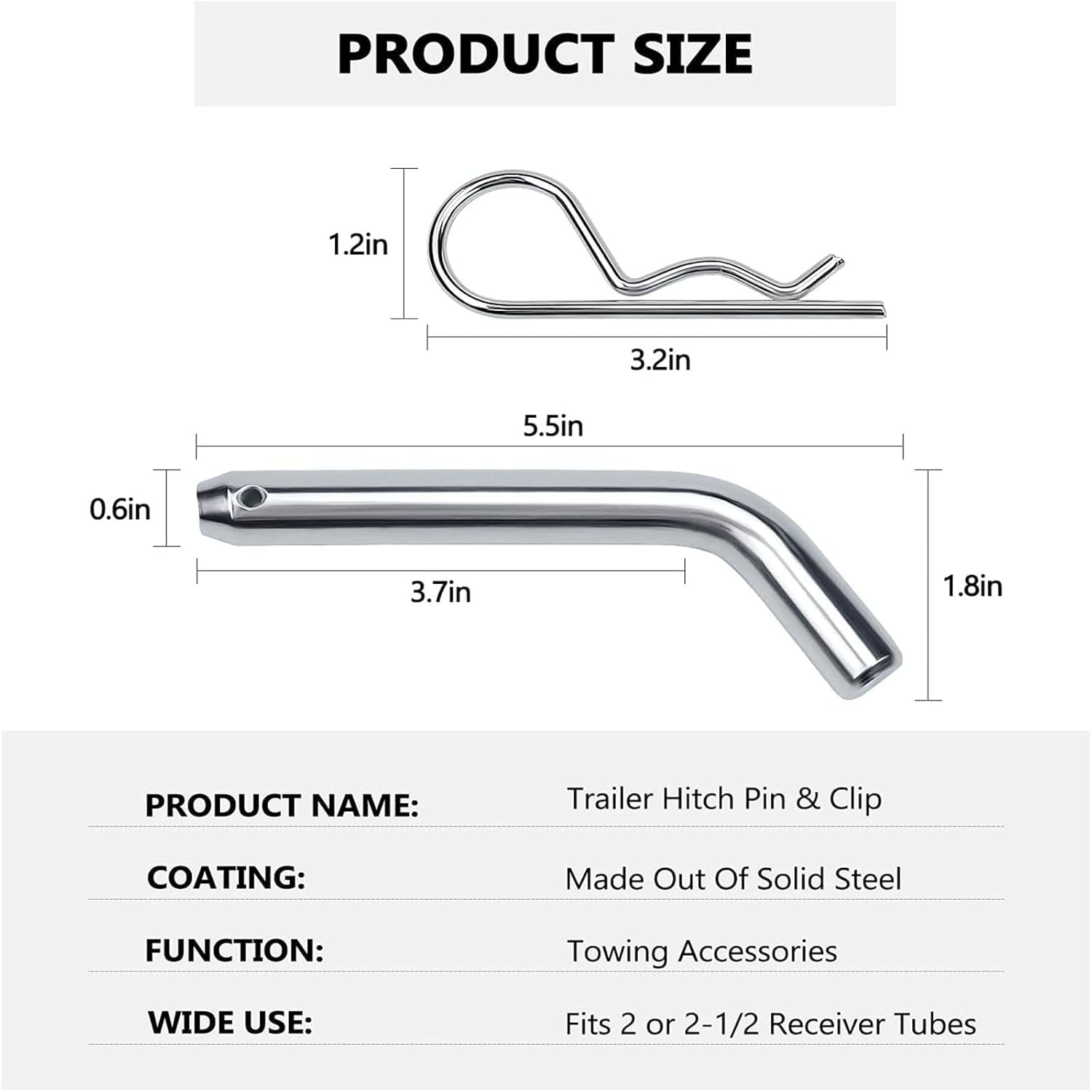 Trailer Hitch Pin & Clip with Grooved Head, 5/8-Inch Diameter, Fits 2 or 2-1/2-Inch Receiver image number 2