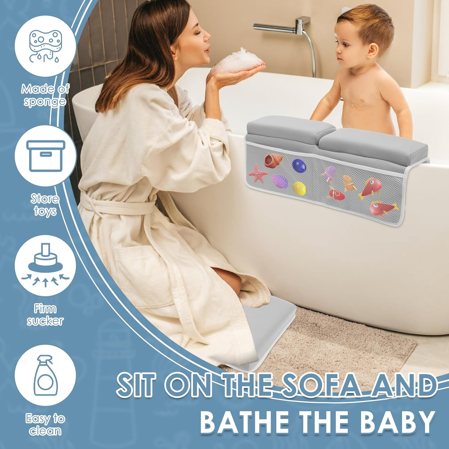 Bath Kneeler Set, Foldable Non Slip Bath Elbow Rest Pad, Comfortable Non-Slip Kneeling Mat Cushion, with Toys Organizer, Foldable Foam Mat, for Baby Bathing Time image number 3