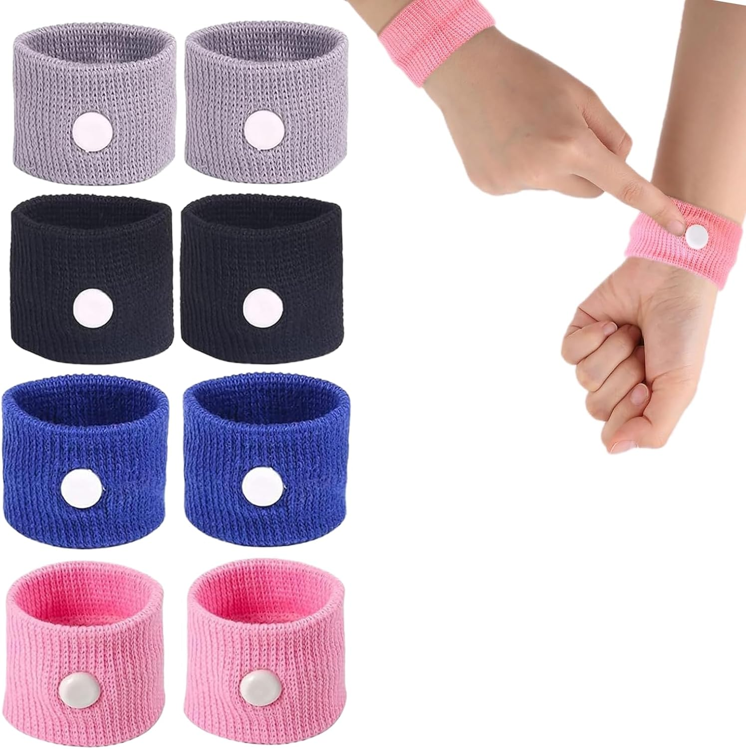8 Pcs Travel Sickness Bands,Sea Band,Motion Nausea Bands,4 Colours Wristbands(Black, Grey, Blue and Pink) image number 4