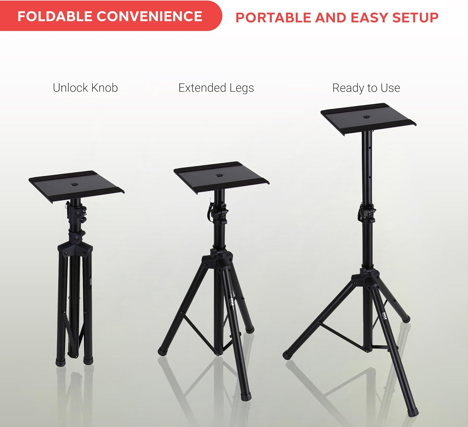 Pyle Dual Studio Monitor 2 Speaker Stand Mount Kit - Heavy Duty Tripod Pair and Adjustable Height from 34.0&rdquo; to 53.0&rdquo; W/Metal Platform Base - Easy Mobility Safety PIN for Structural Stability PSTND32 image number 4