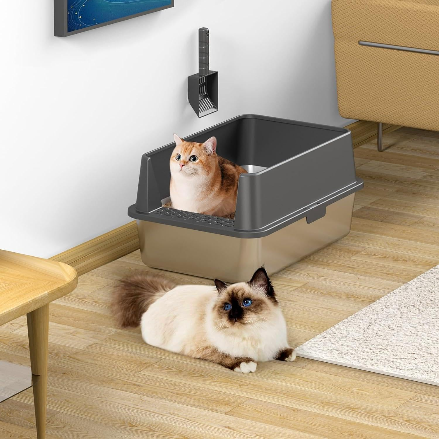 Stainless Steel Cat Litter Box, 60L X 40W X 30H CM for Big Cats with High Wall Sides Enclosure and Scoop, Non-Sticky, Anti-Leakage, Easy Cleaning image number 4