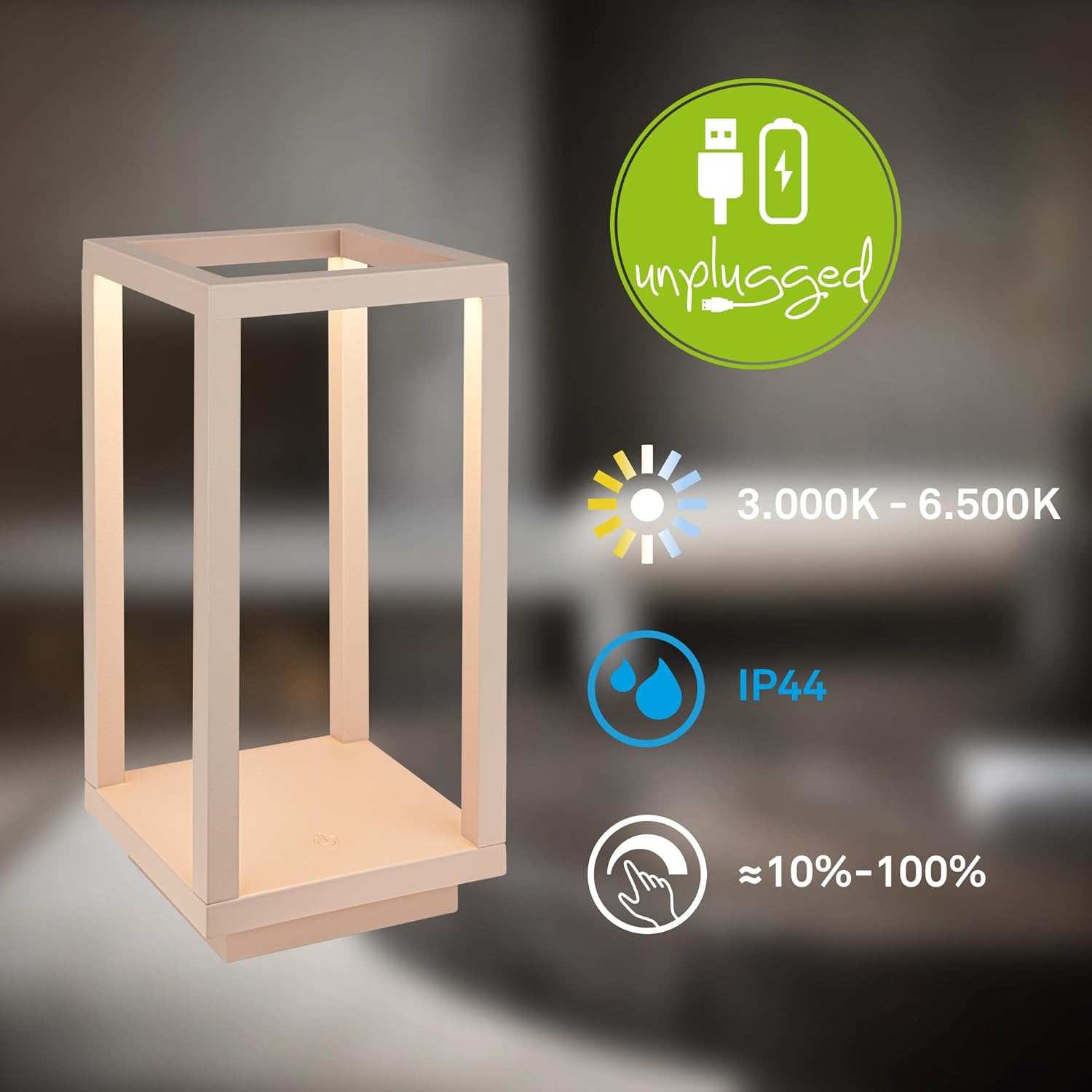 BRILONER - LED Table Lamp Wireless IP44 with Touch, Dimmable, CCT, Battery & Light Source Interchangeable, LED Lantern, Table Lamp, Battery Lamp, Patio, Outdoor Lamp, 10 X 10 X 22 Cm, Beige image number 6