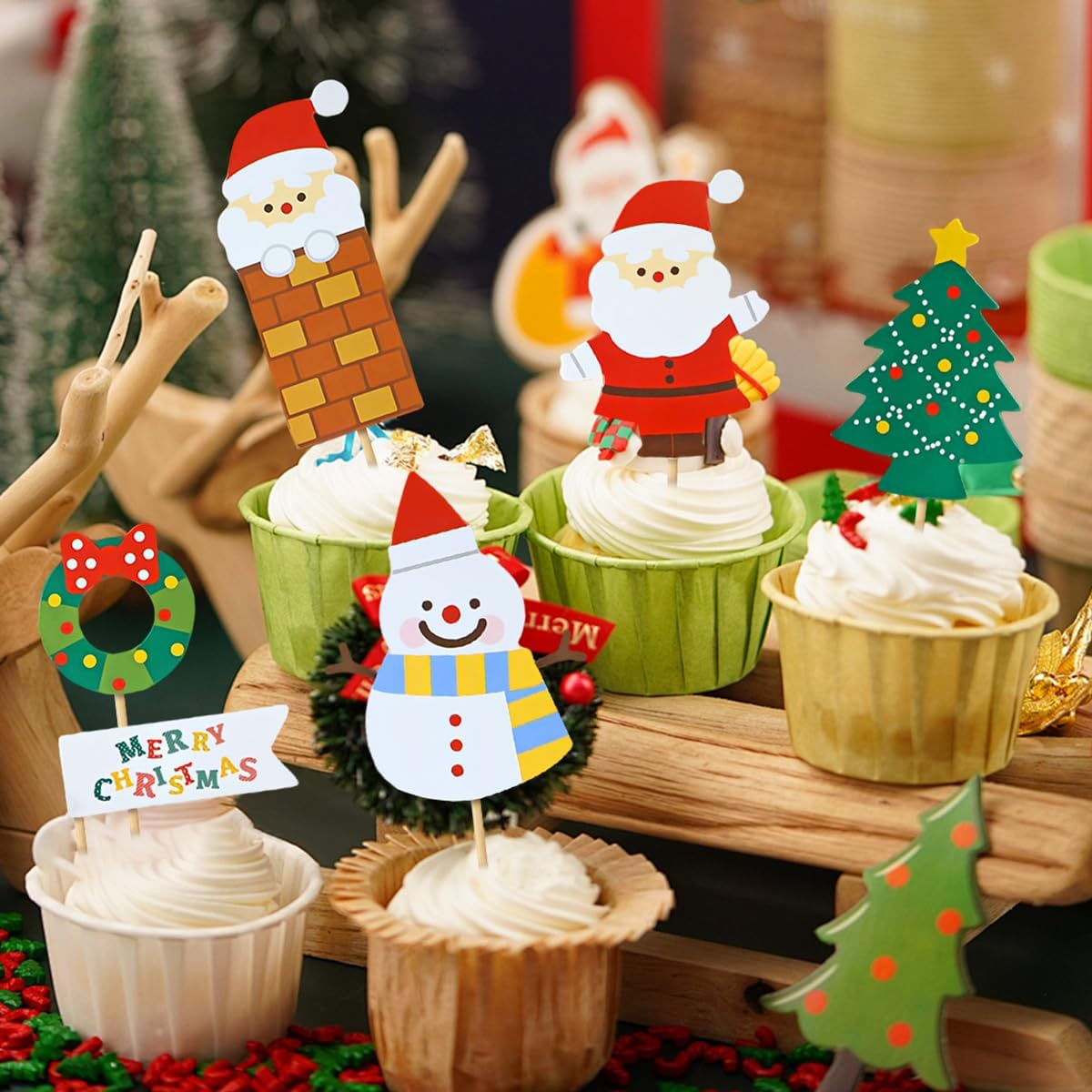 Christmas Cupcake Toppers 27Pcs Cake Decorations Toothpick Xmas Party Merry Christmas Cupcake Picks Yulefest Snowman Santa Claus Funny Cake Topper for Xmas Holiday Birthday Party Decorations (27) - 27 image number 5